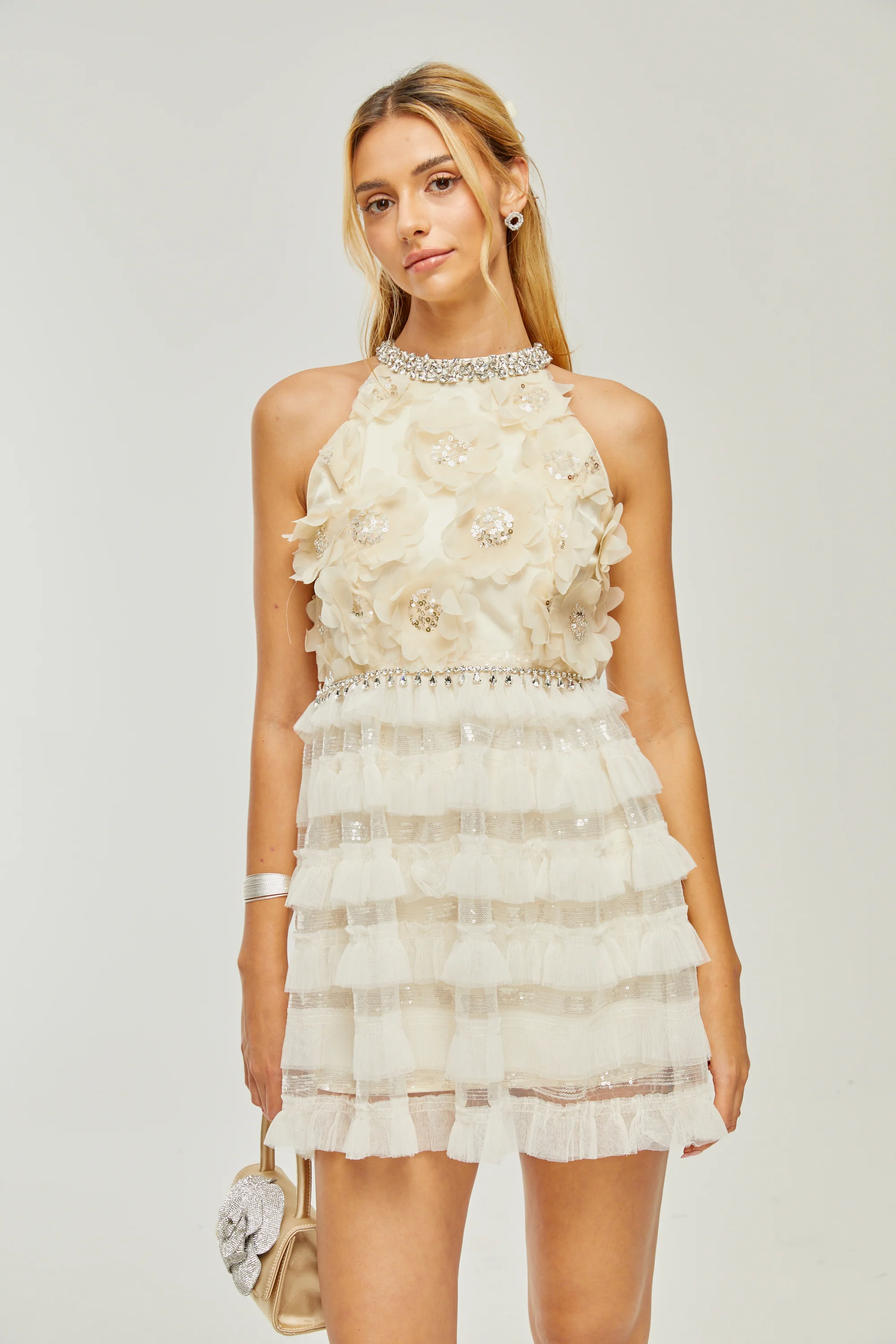 Lavinia embellished floral tiered dress