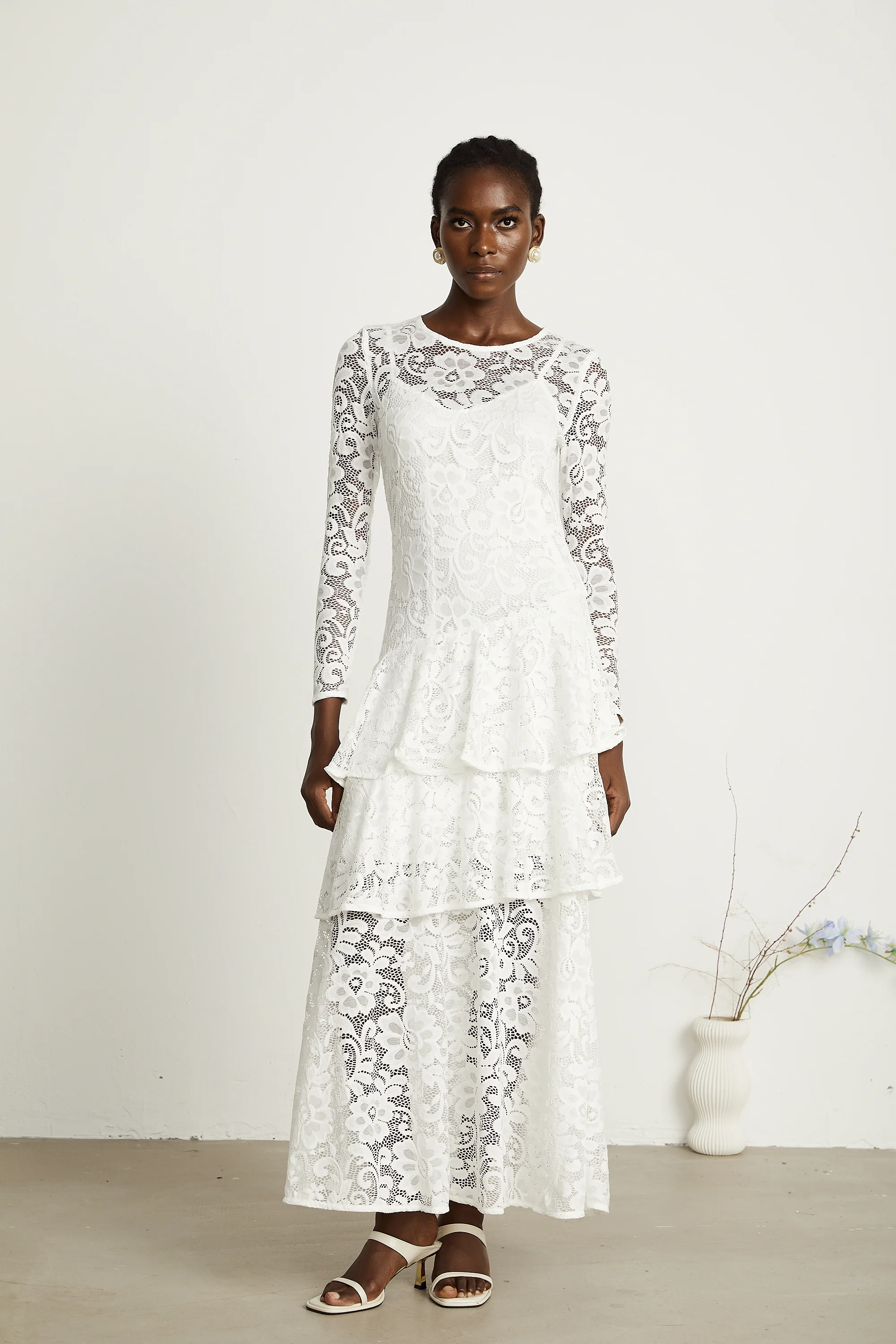 Liana white lace-embroidered midi dress
