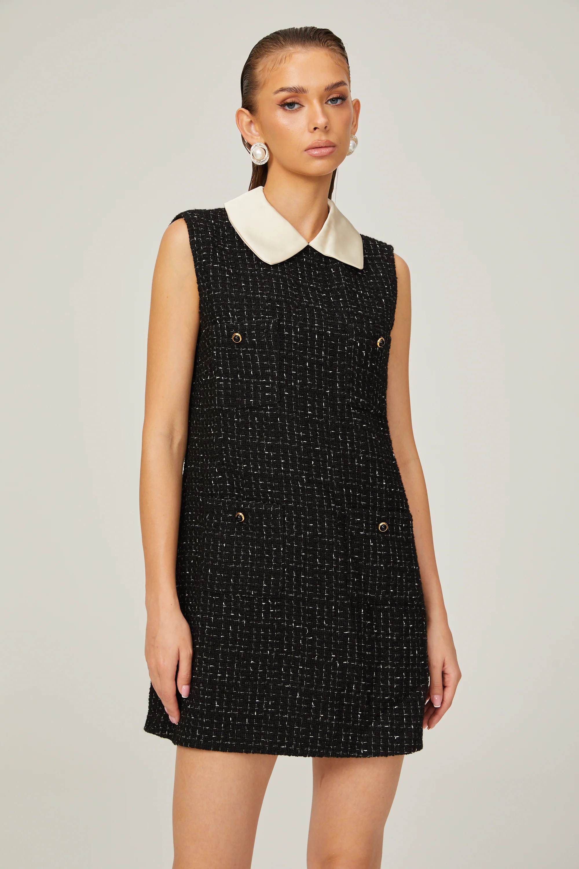 Claudine black sleeveless checked tweed mini dress