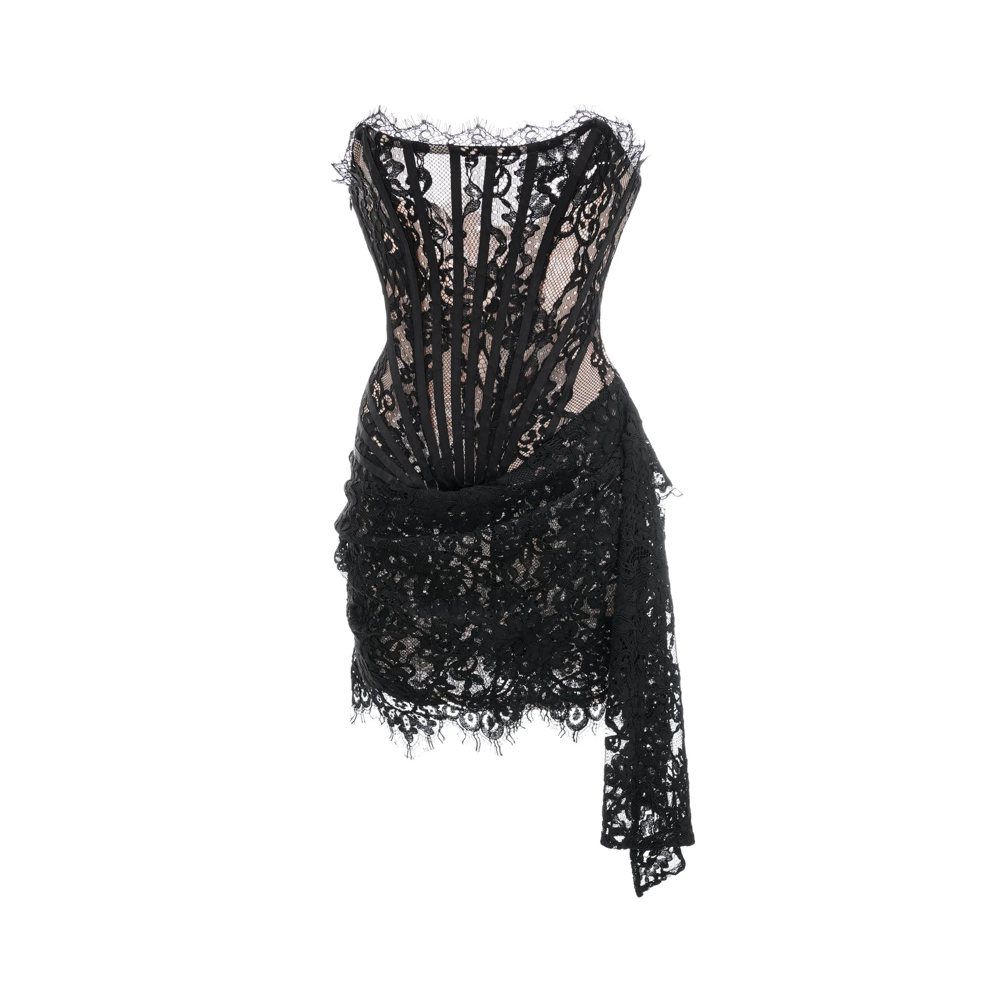 Kylitha black lace ribbon mini dress