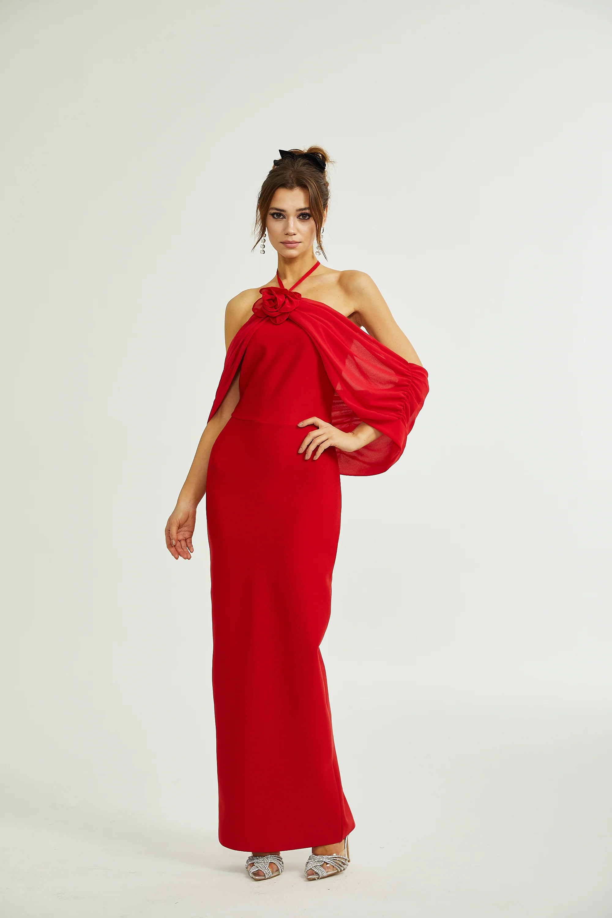 Rosette floral-detail halterneck maxi dress