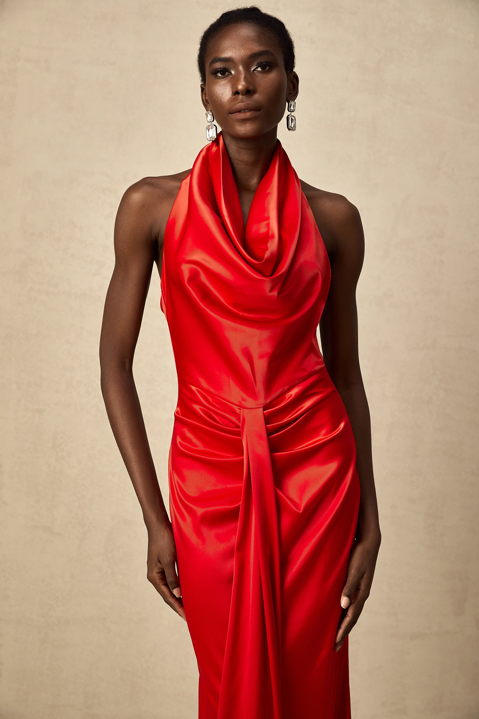 Alix red halterneck draped satin maxi dress