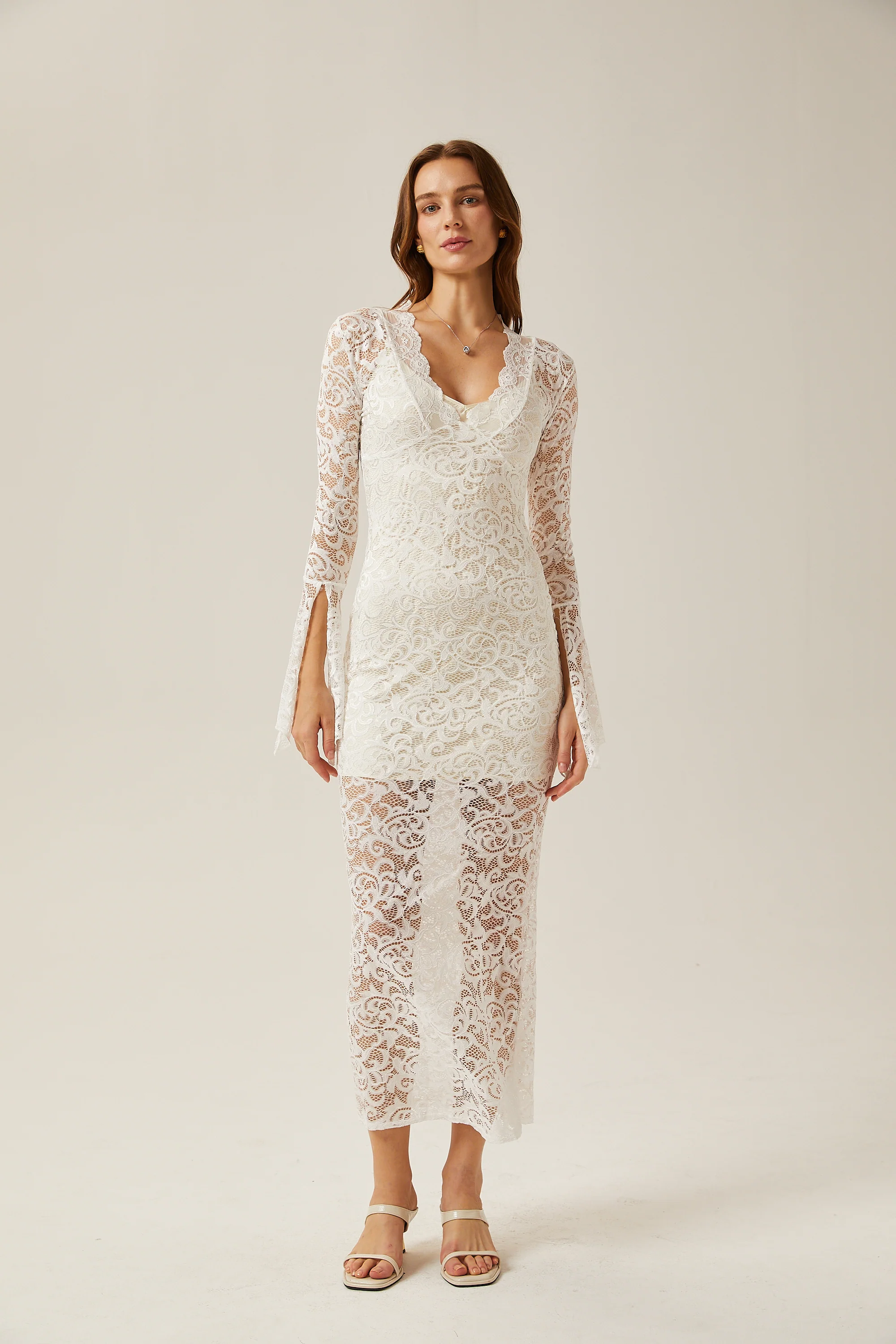 Martine white lace sheer midi dress