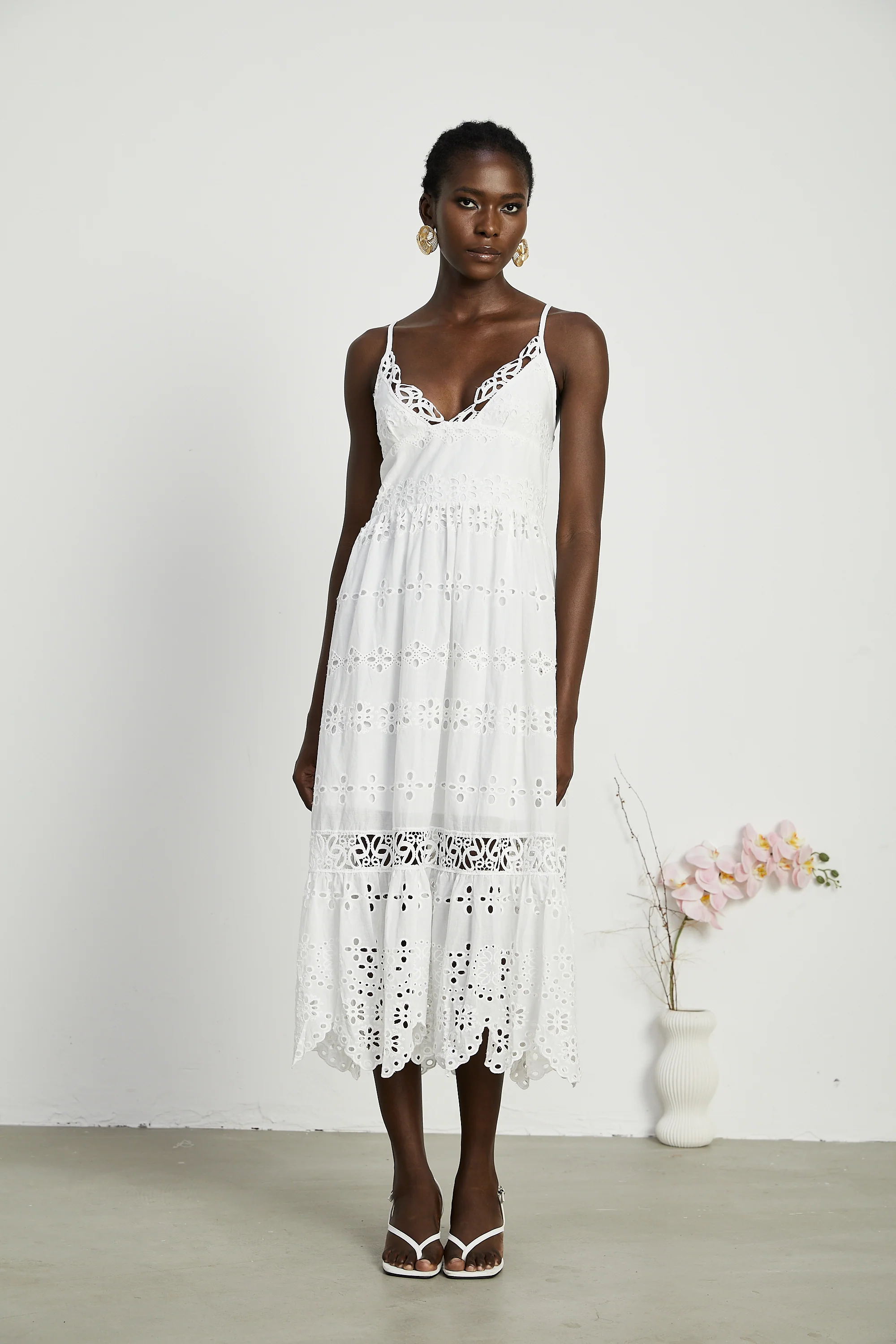 Coquette V-neck embroidered maxi dress