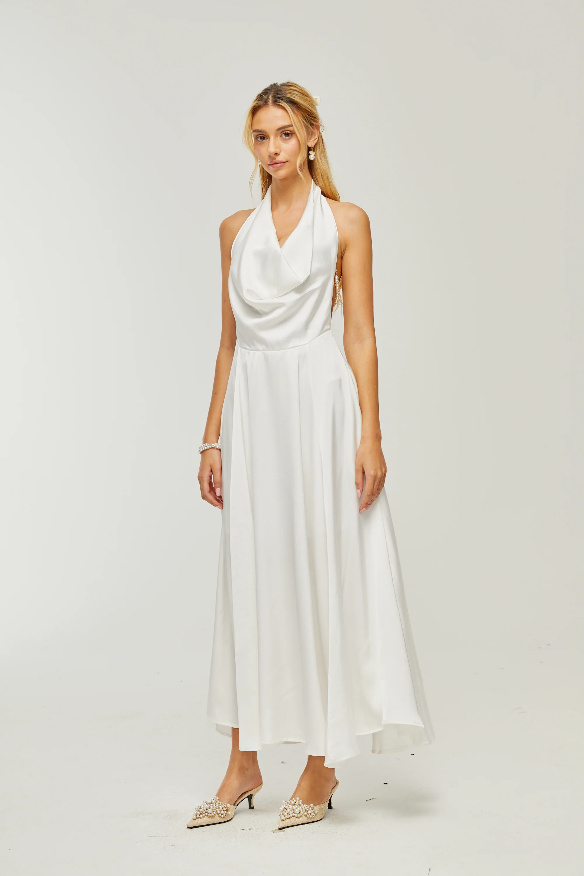 Lucena white scoop-back cowl-neck dress