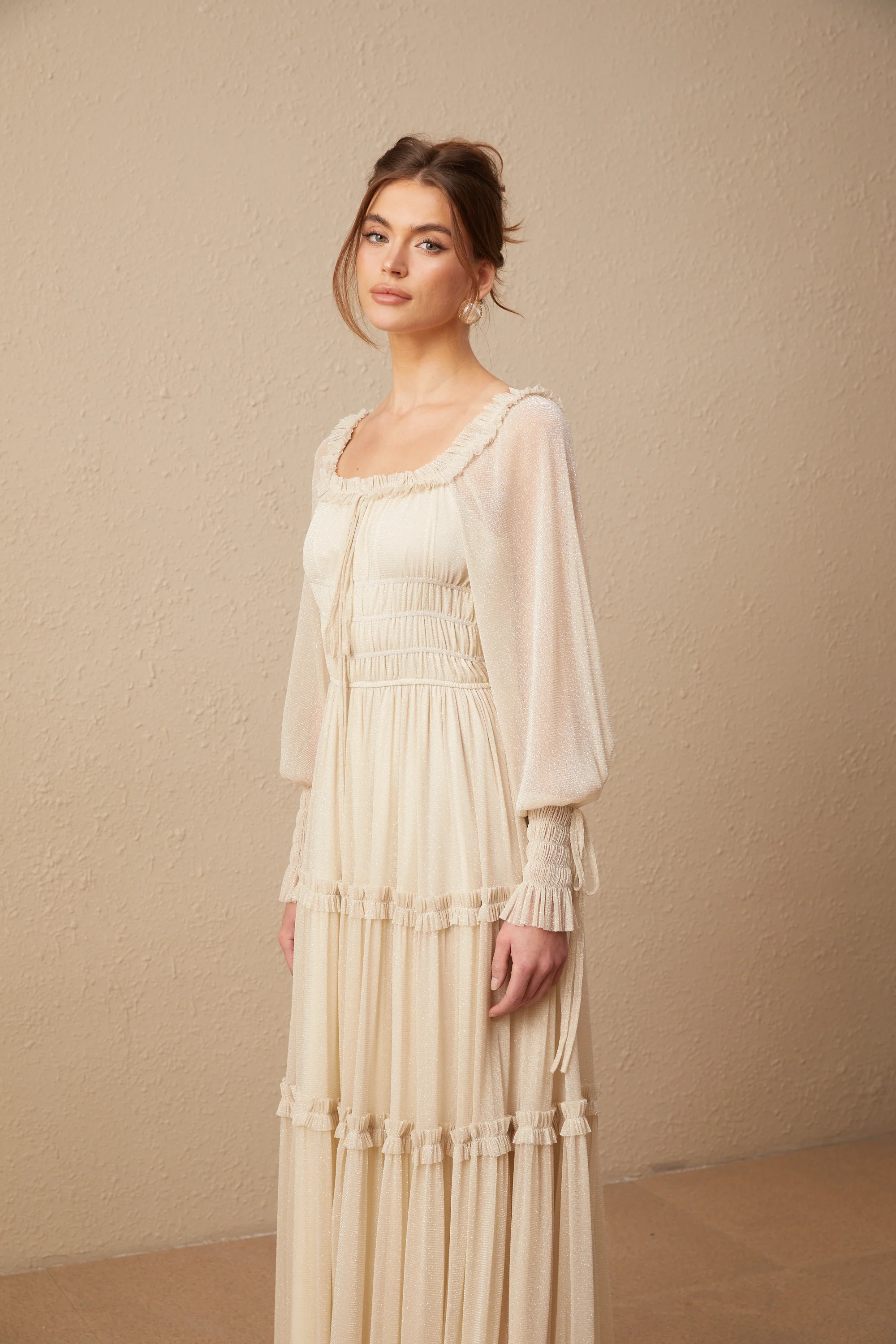 Camille pleated shirred metallic midi dress