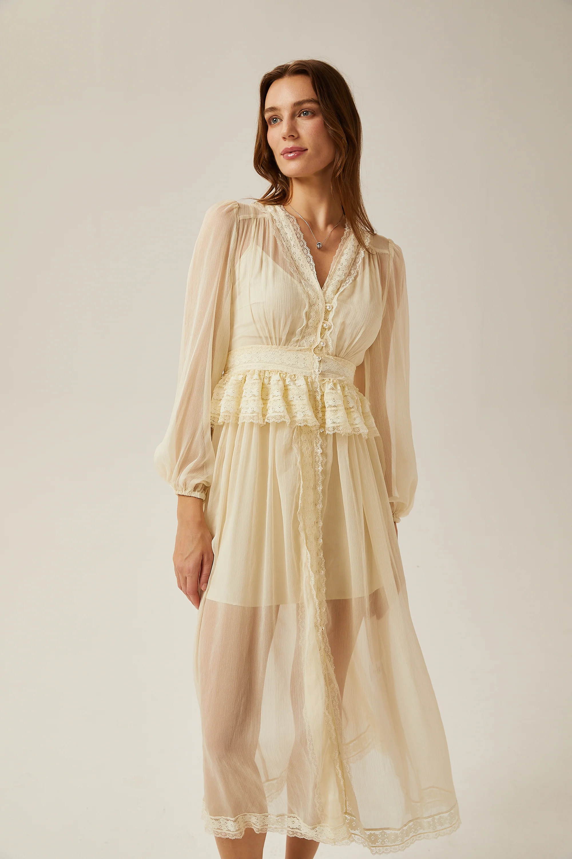 Delphine lace-trim semi-sheer midi dress