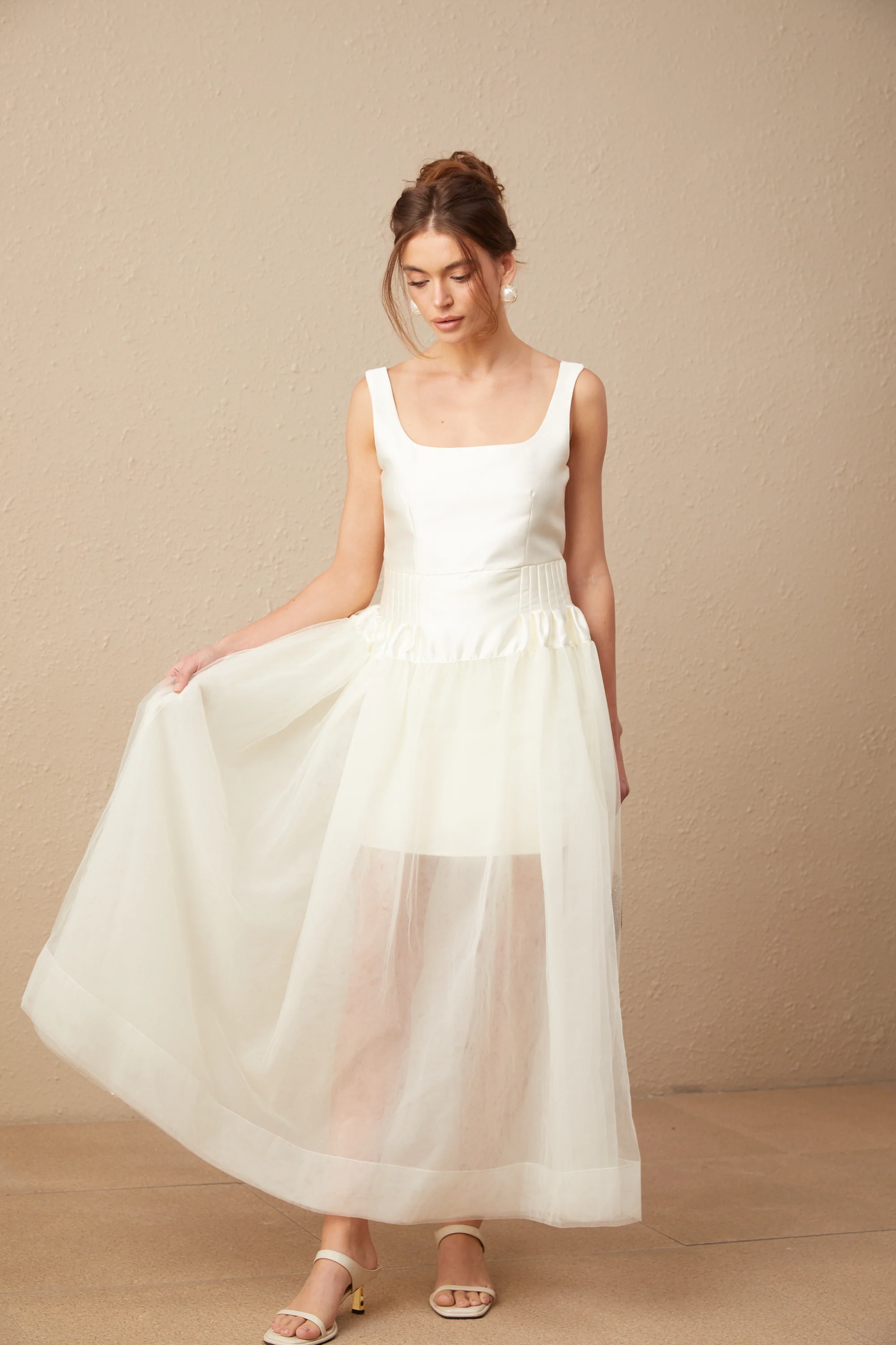 Lucie white satin tulle panelled maxi dress