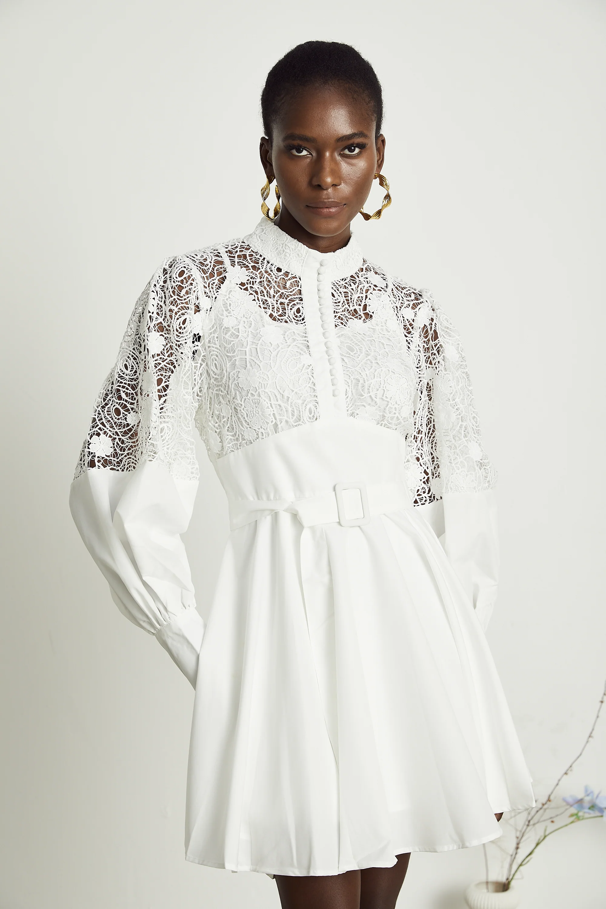 Ela guipure-lace belted mini dress