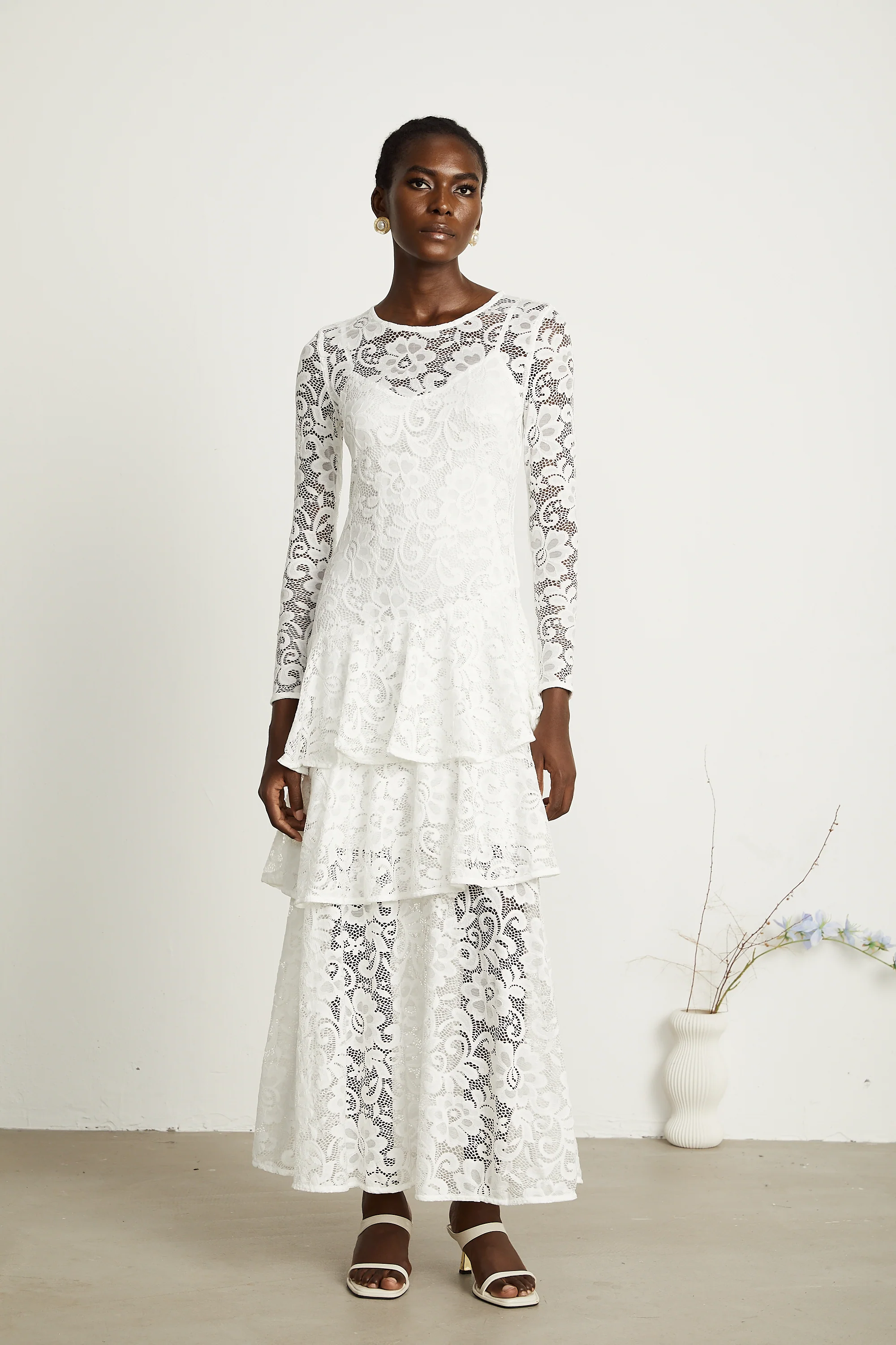 Liana white lace-embroidered midi dress