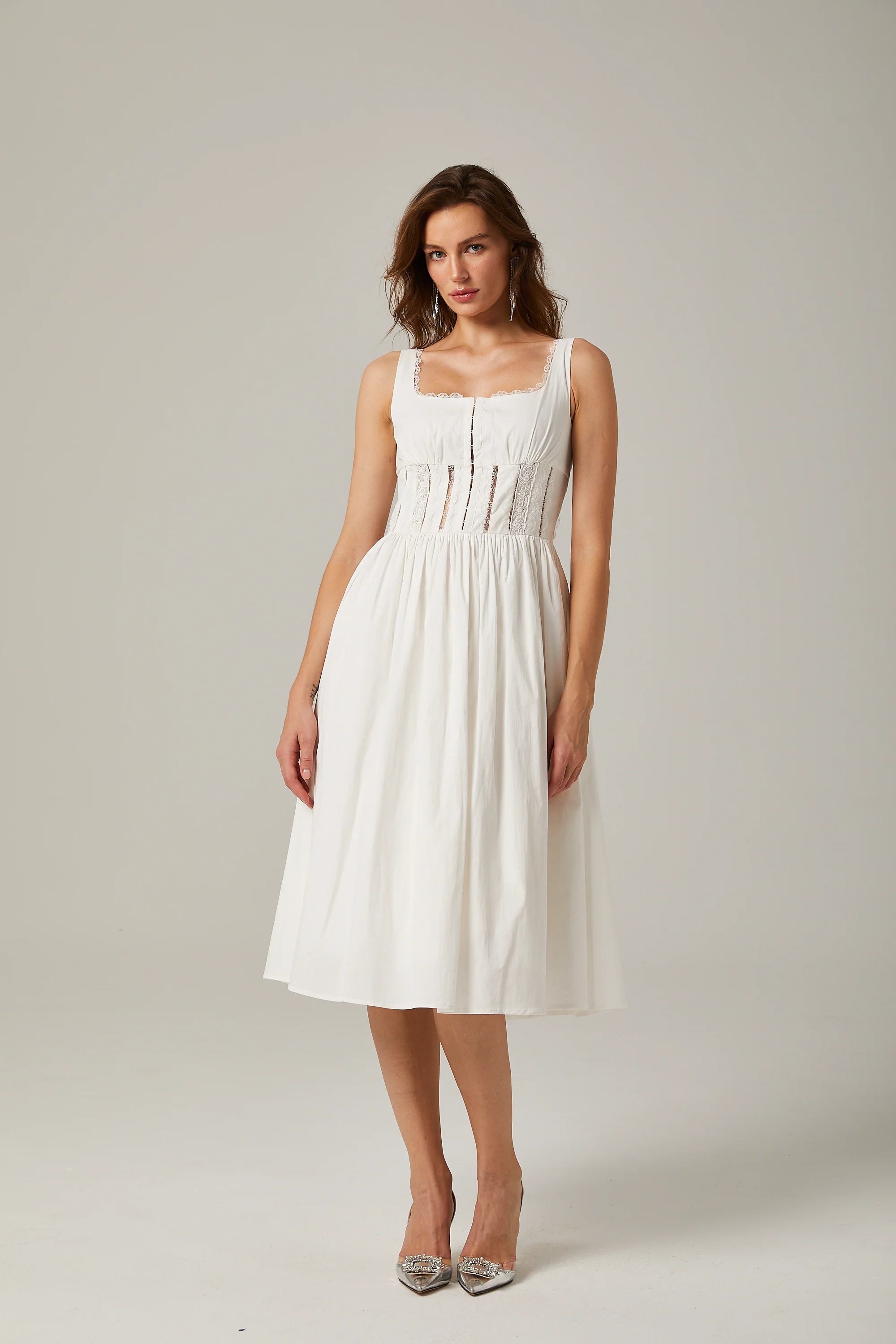 Jeanne white lace cut-out midi dress