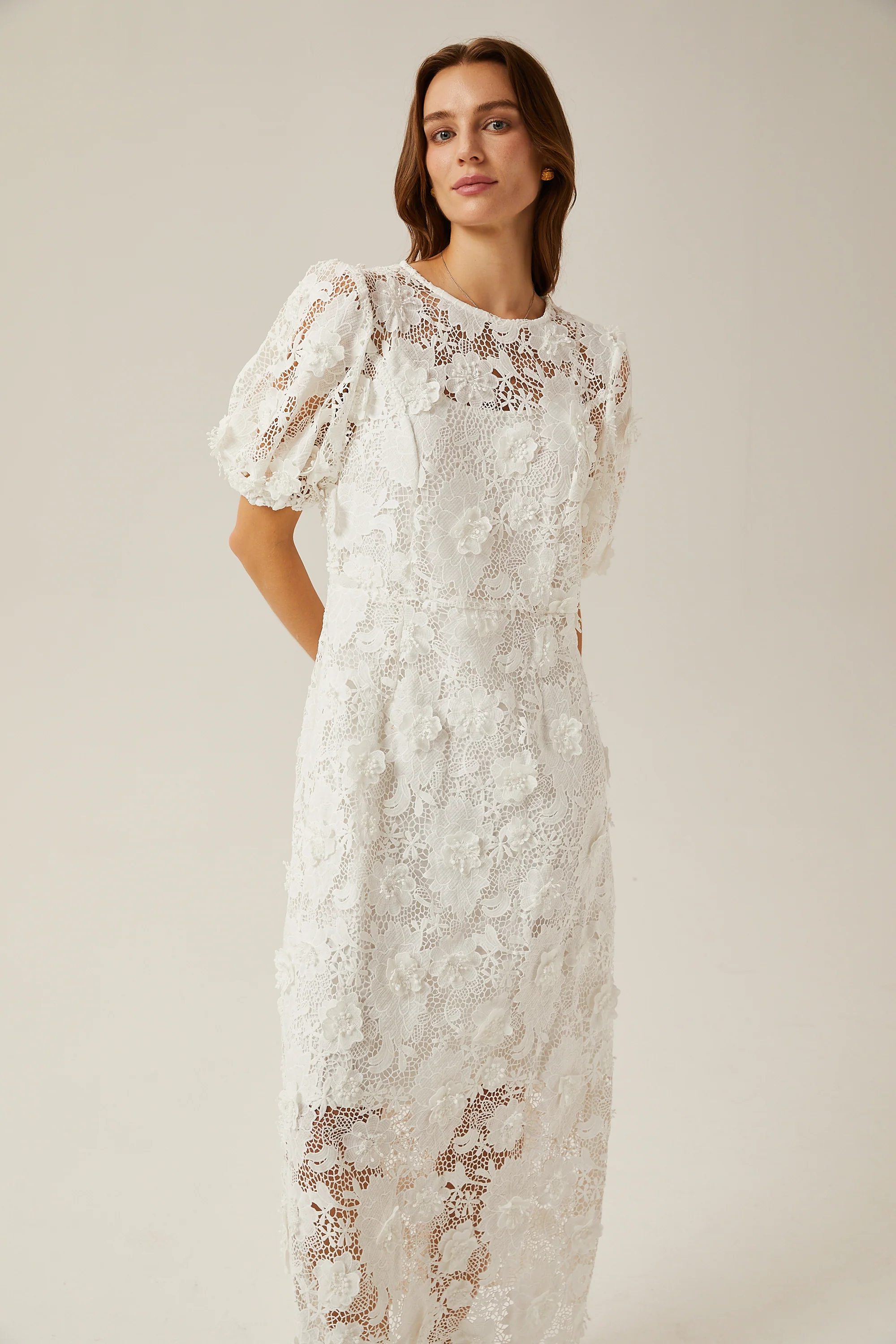 Valérie white floral lace midi dress