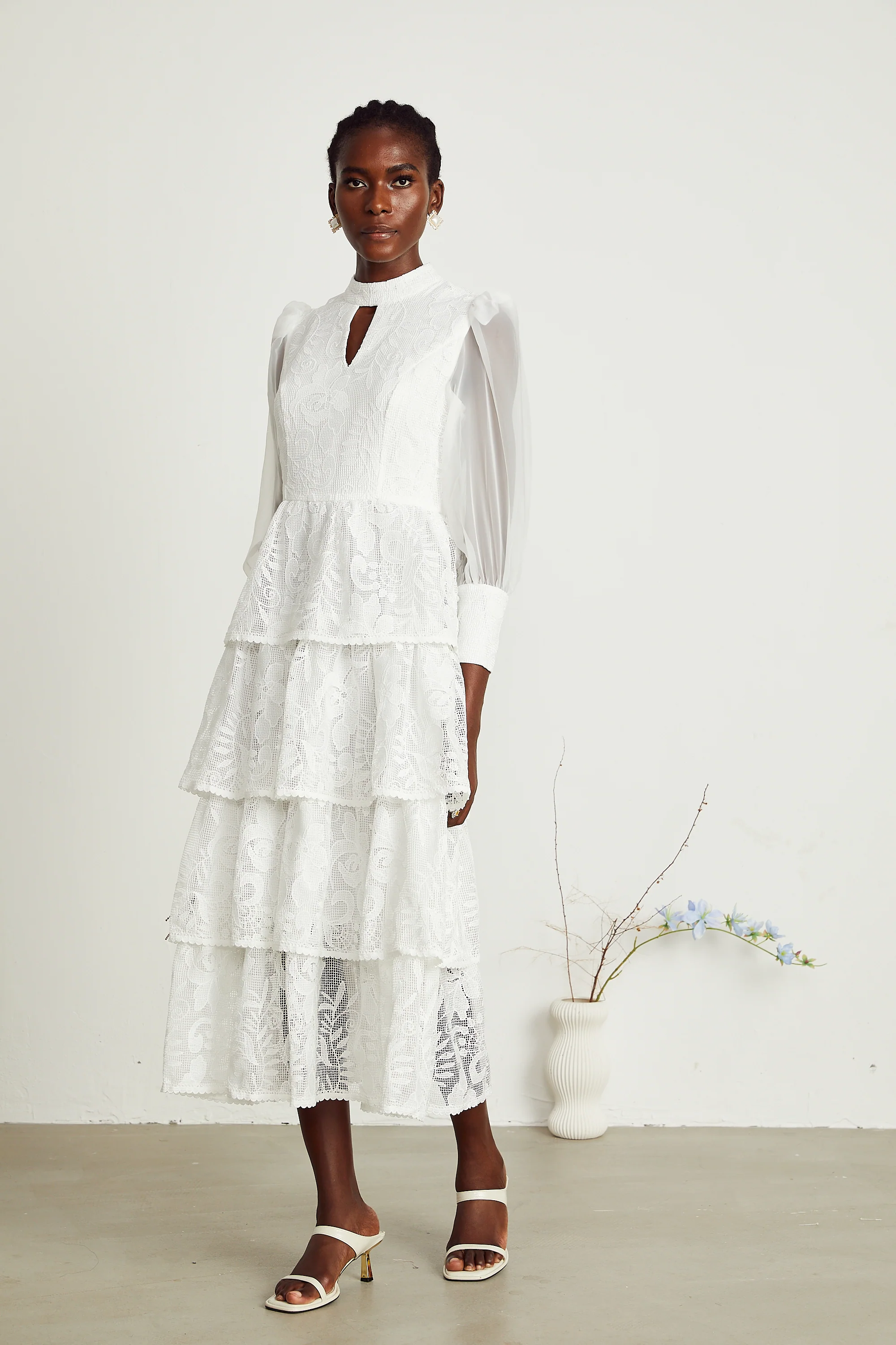 Carolina white floral-embroidered midi dress