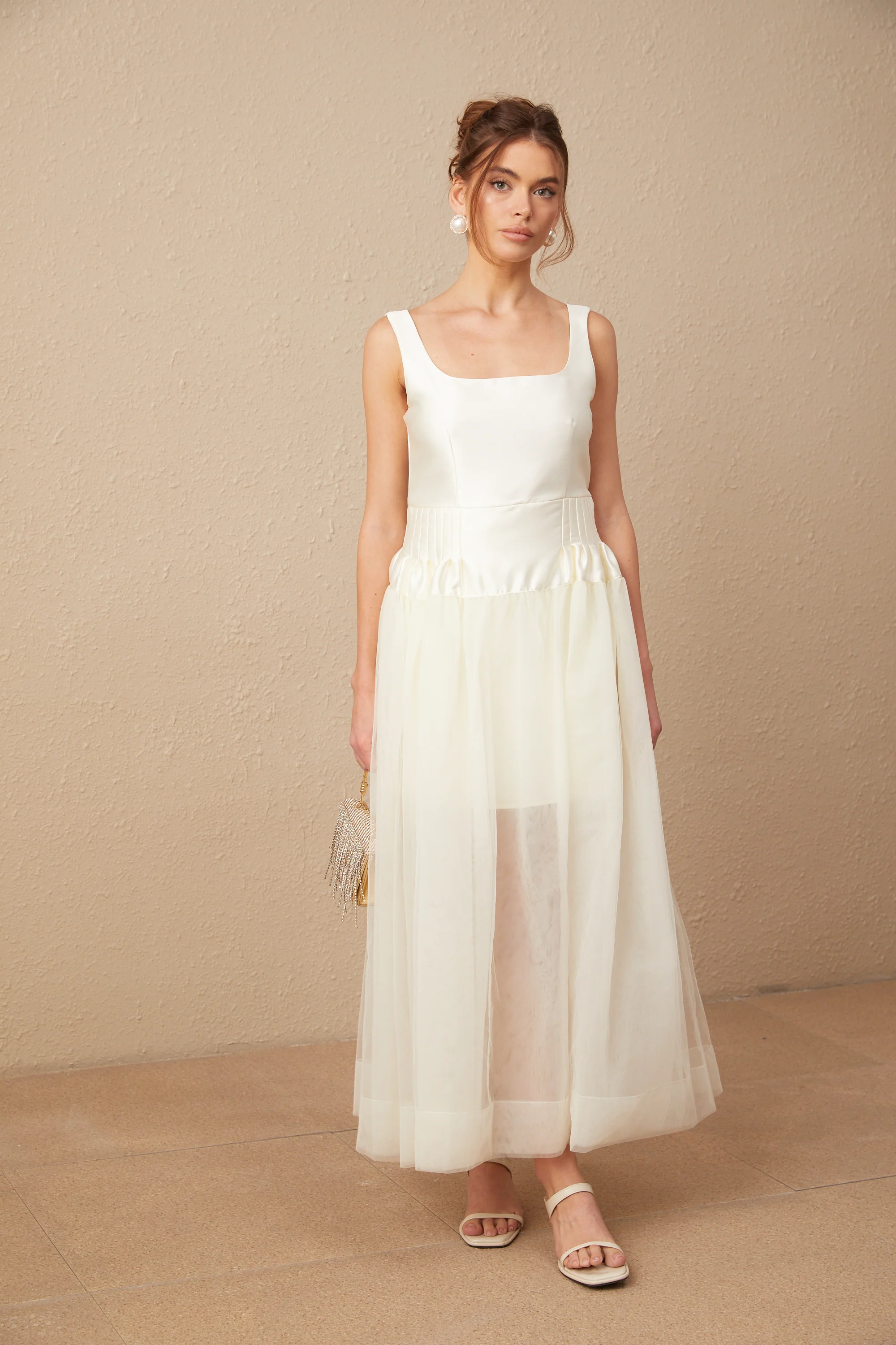 Lucie white satin tulle panelled maxi dress