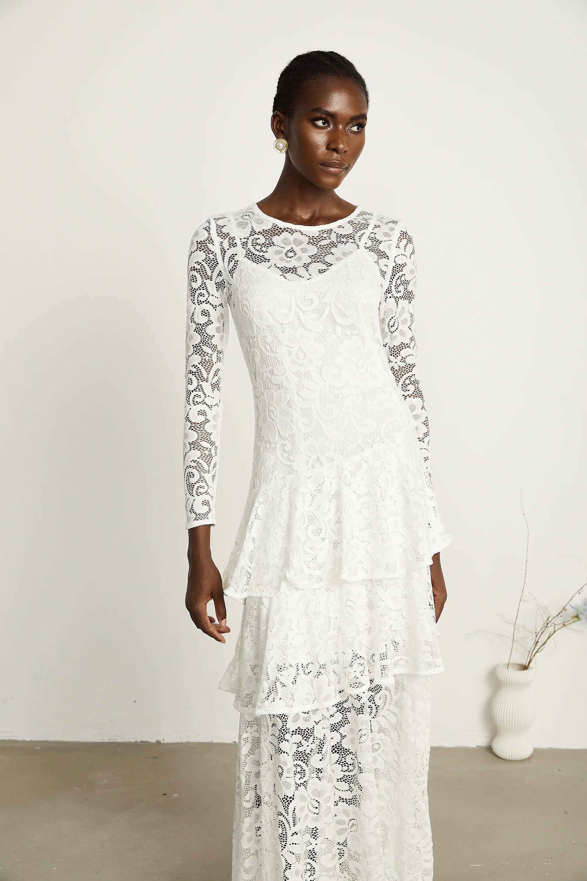 Liana white lace-embroidered midi dress