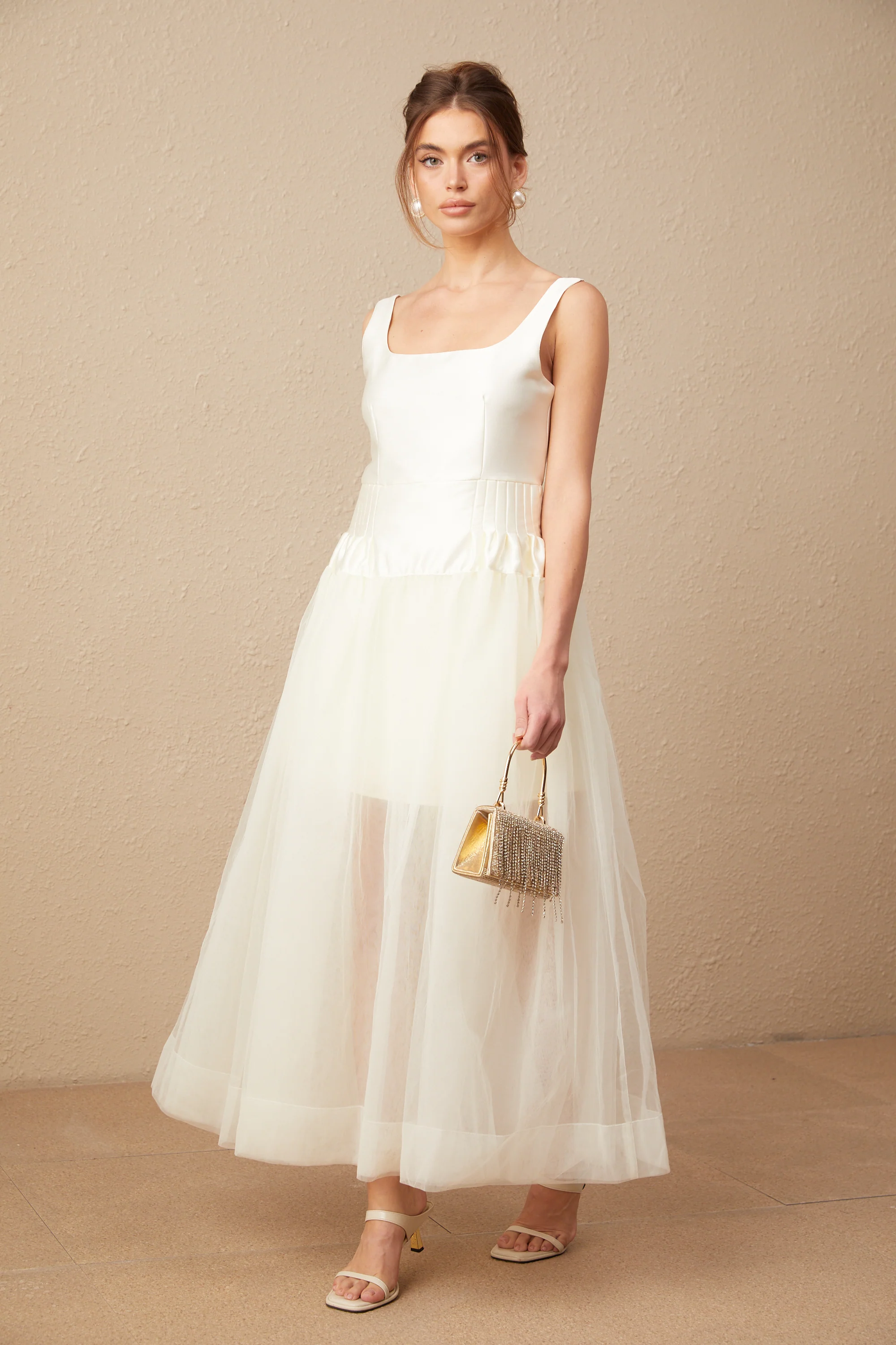 Lucie white satin tulle panelled maxi dress
