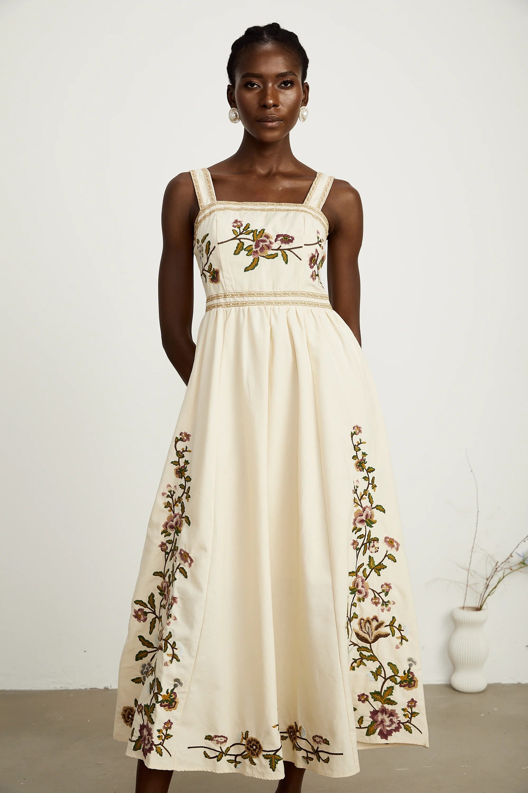Kimberley floral-embroidery sleeveless midi dress
