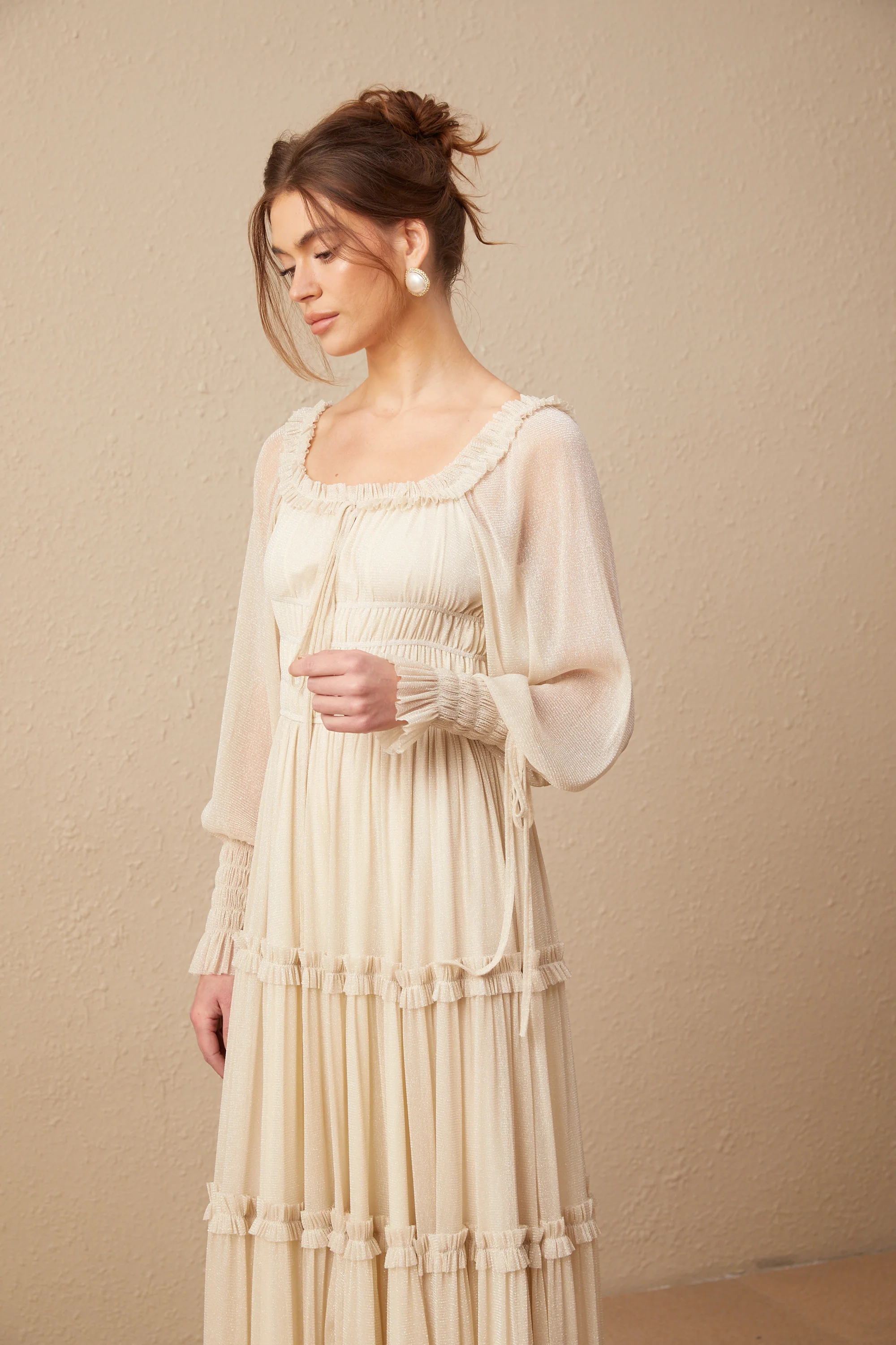 Camille pleated shirred metallic midi dress