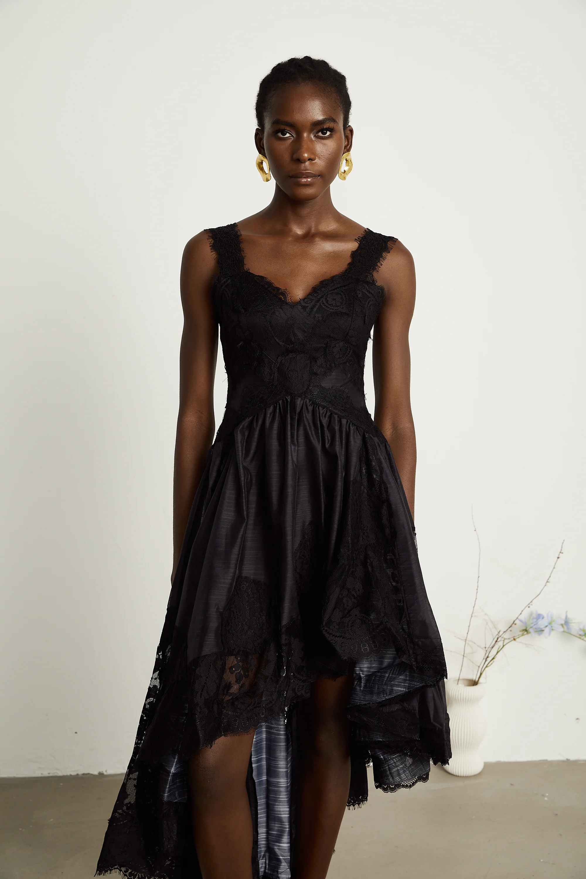 Renata black pleated asymmetric midi dress