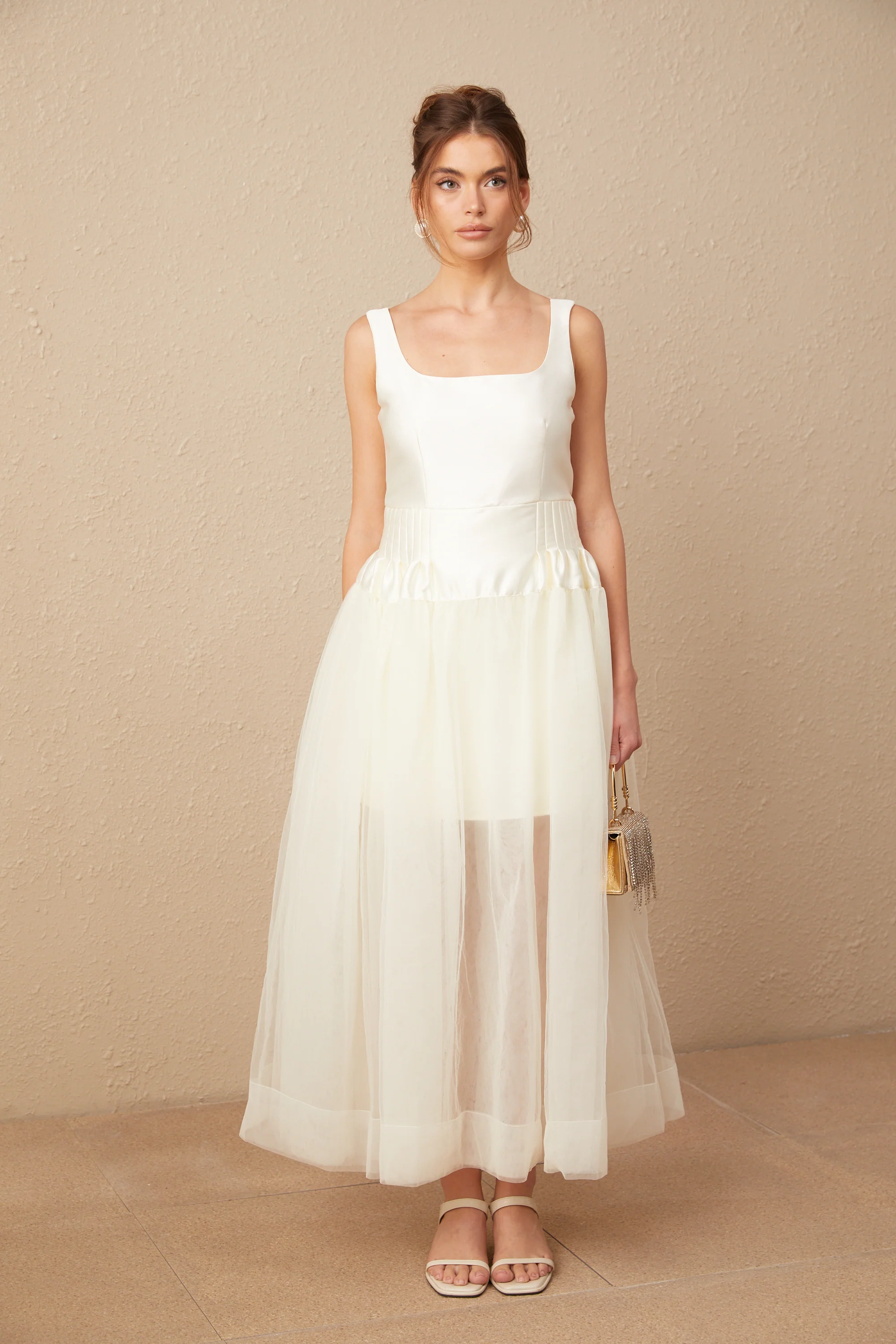 Lucie white satin tulle panelled maxi dress