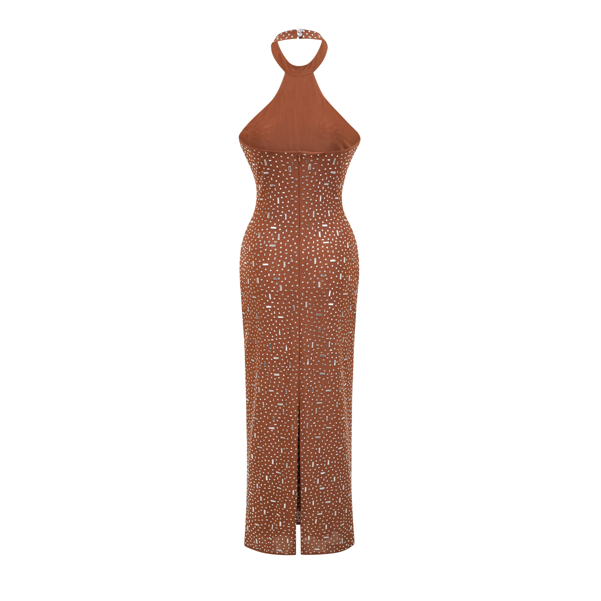 Désirée brown embellished halter neck bodycon maxi dress