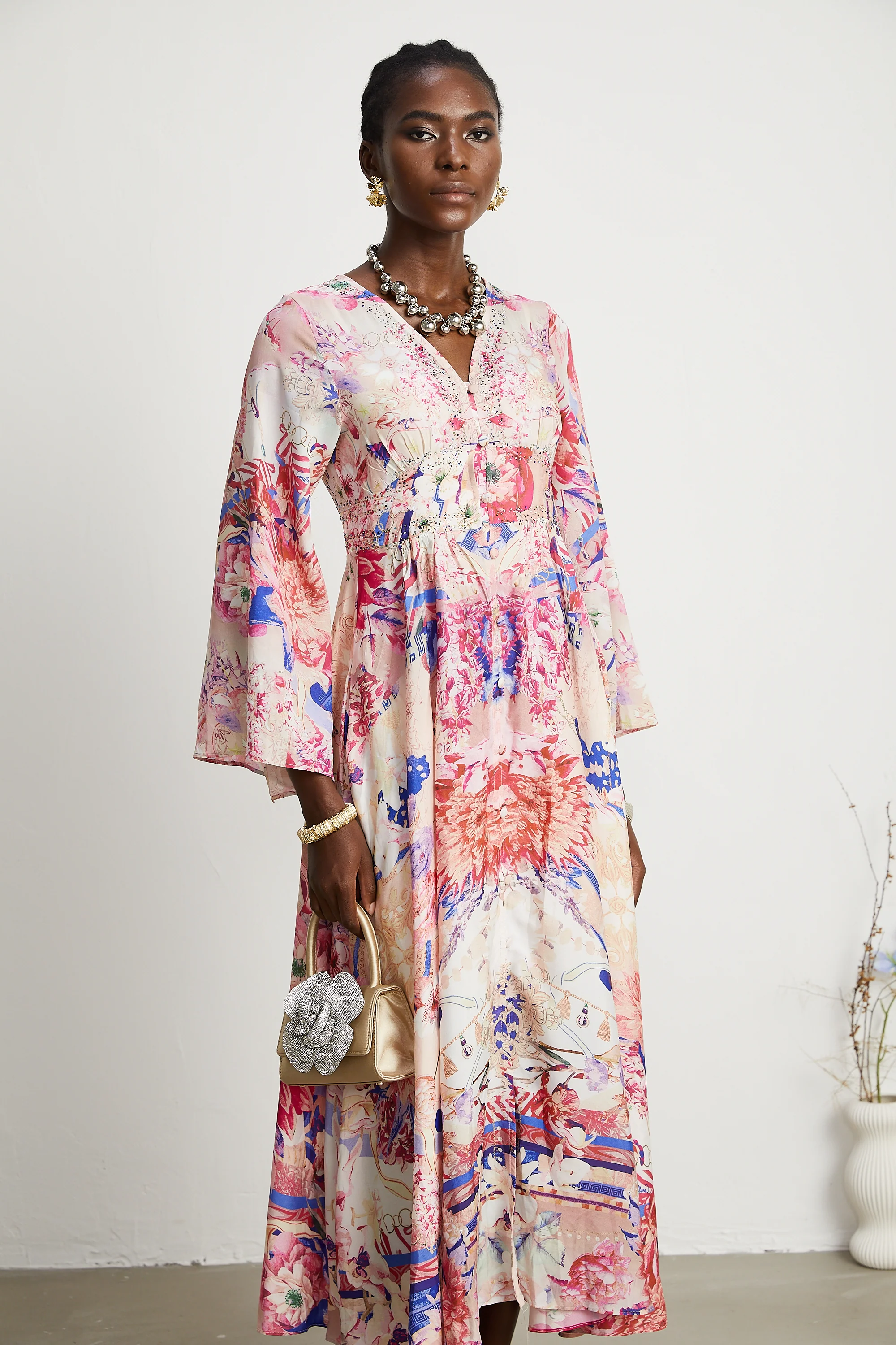 Silvia kimono-sleeve shirring maxi dress