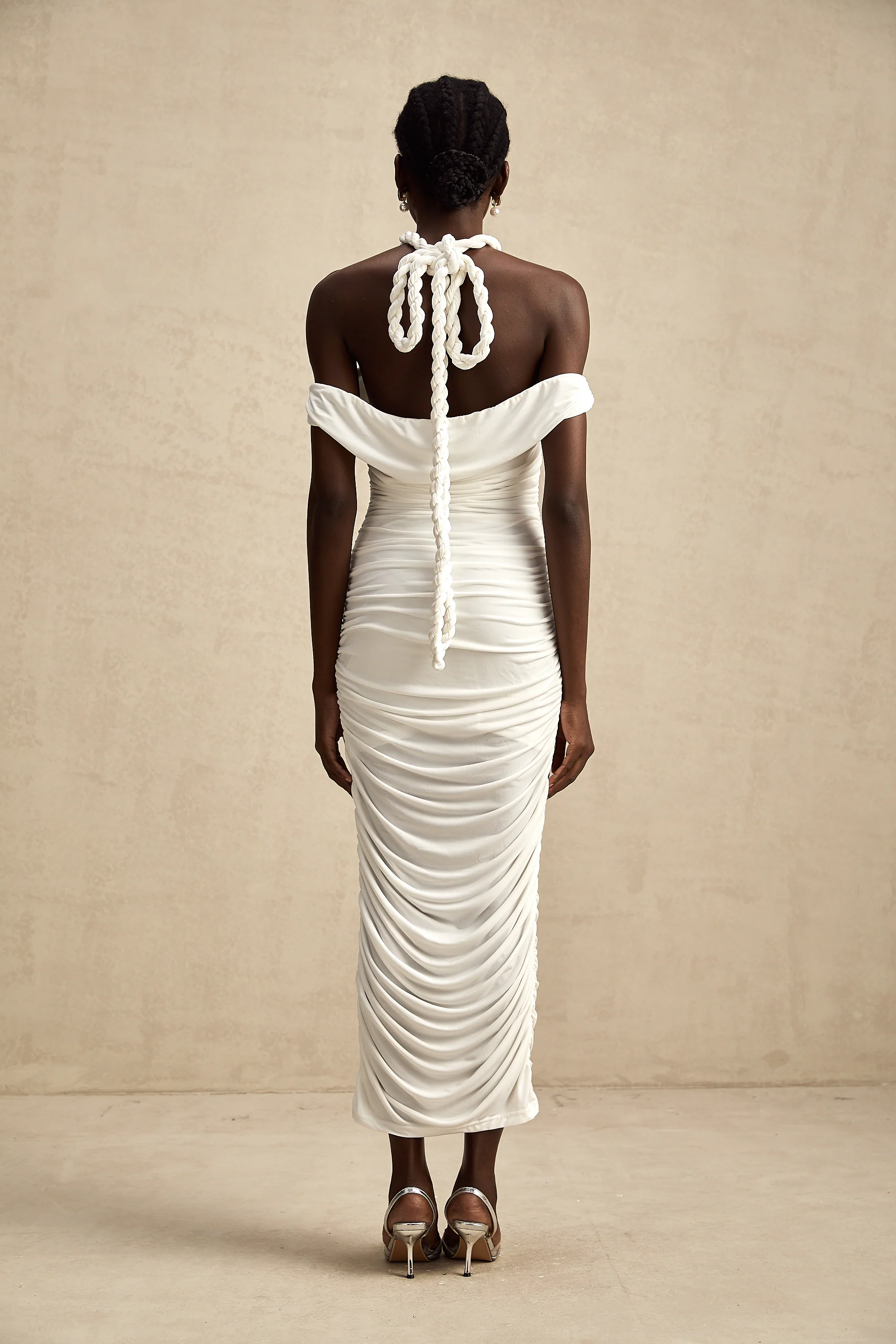Émeline white braided rope-detail midi dress