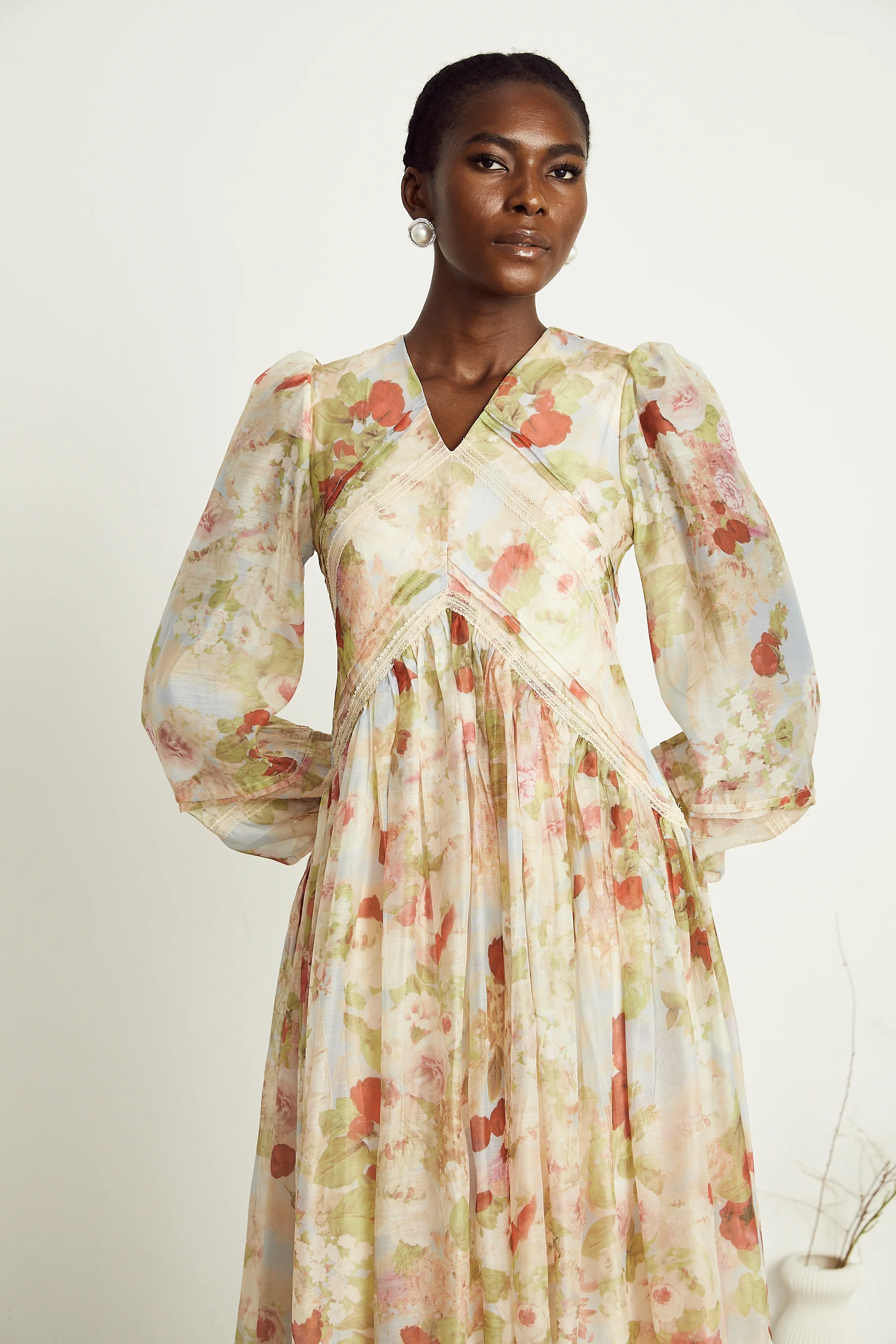 Ailis floral-print lace-detail midi dress