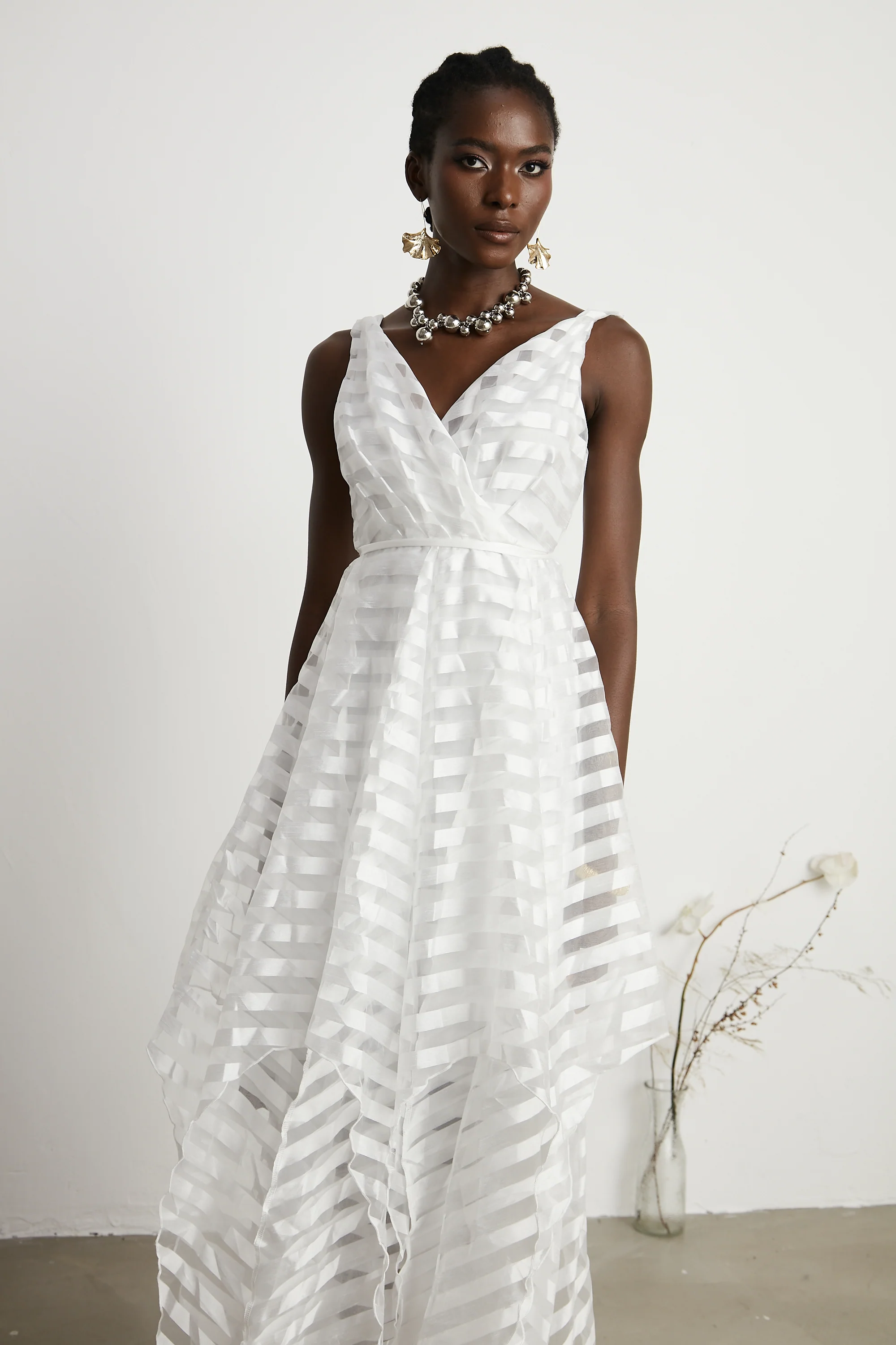 Aimée V-neck striped-tulle pattern midi dress