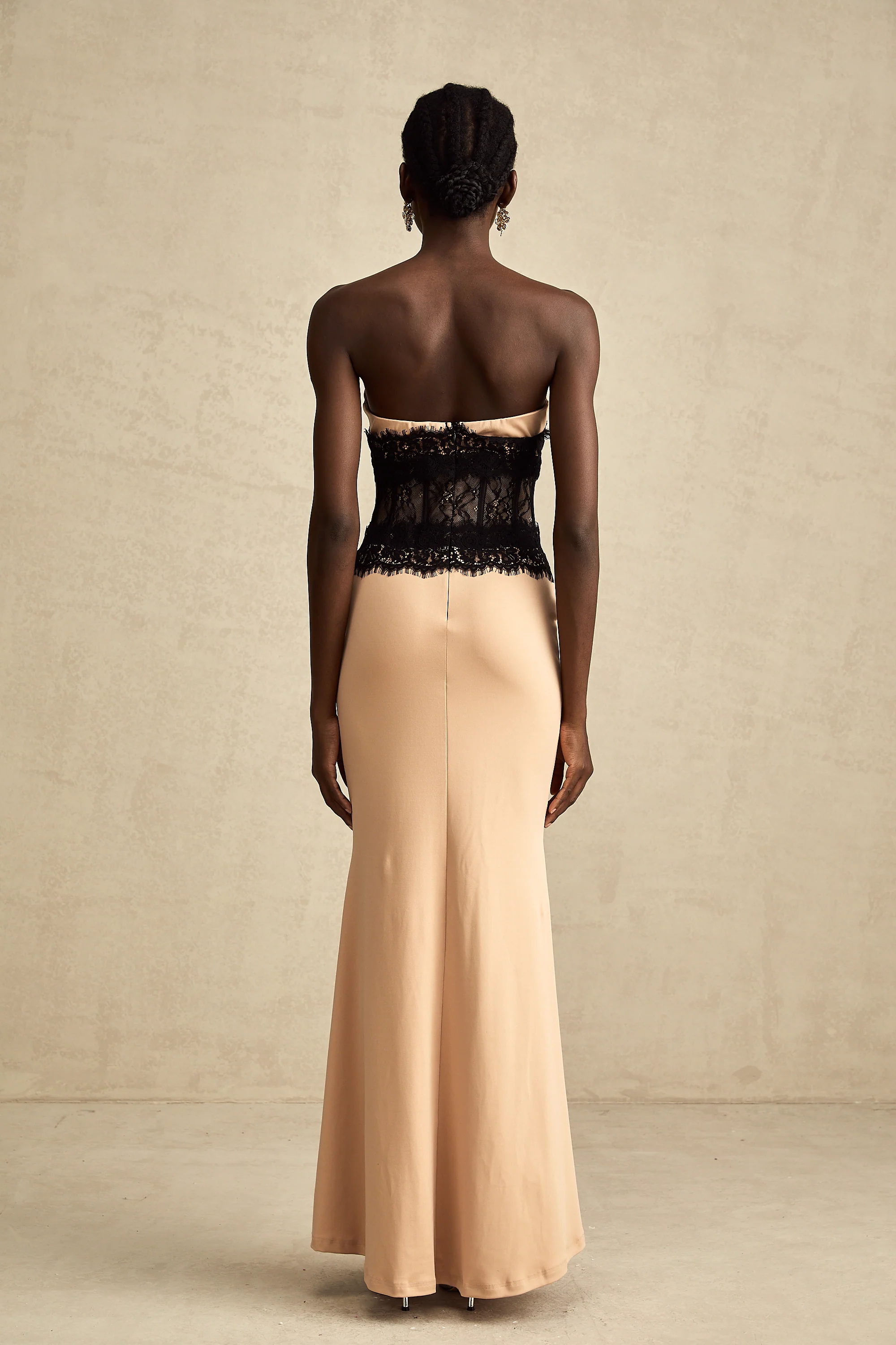 Delphine lace-panel off-shoulder corset maxi dress