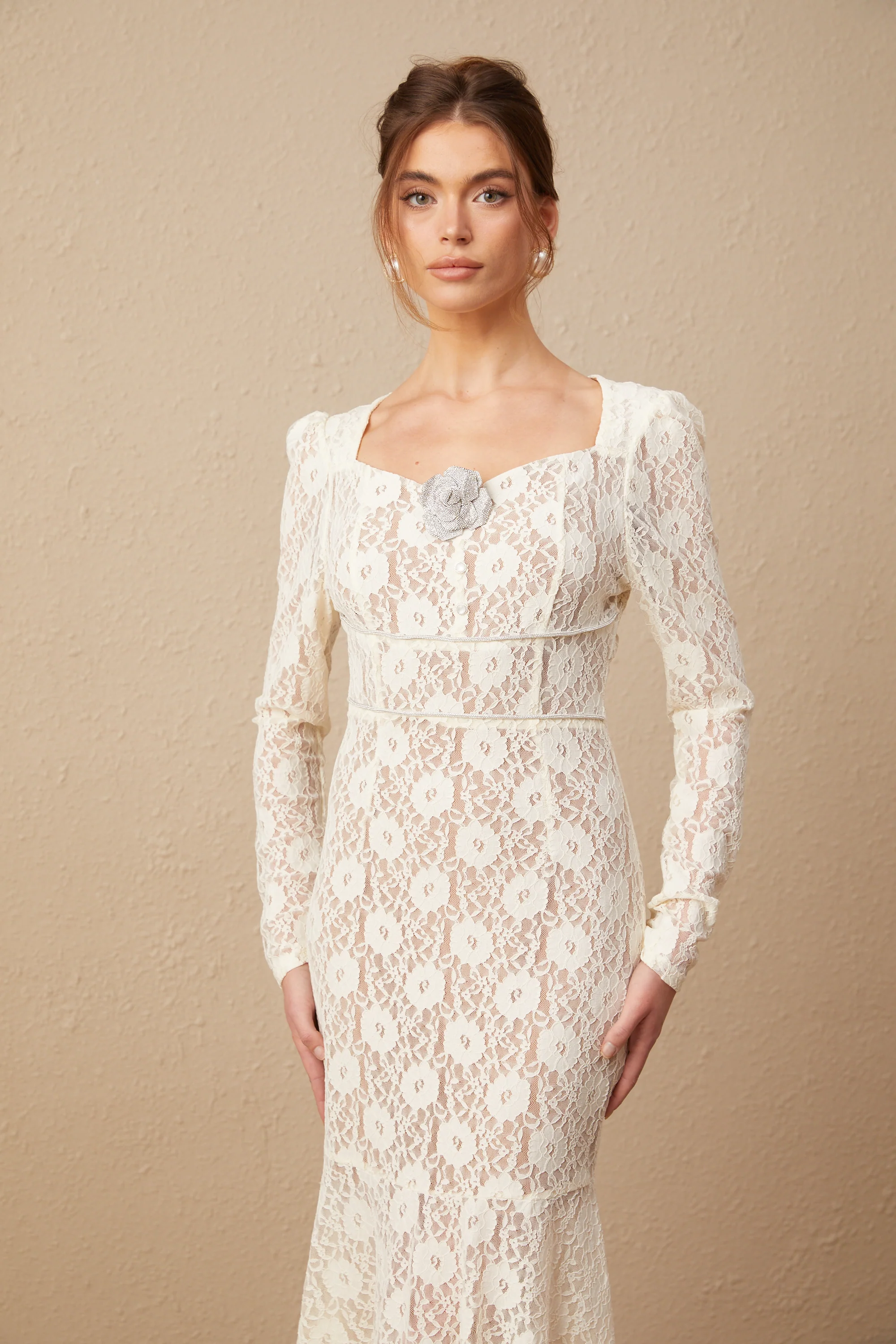 Anaxarete white floral-lace midi dress
