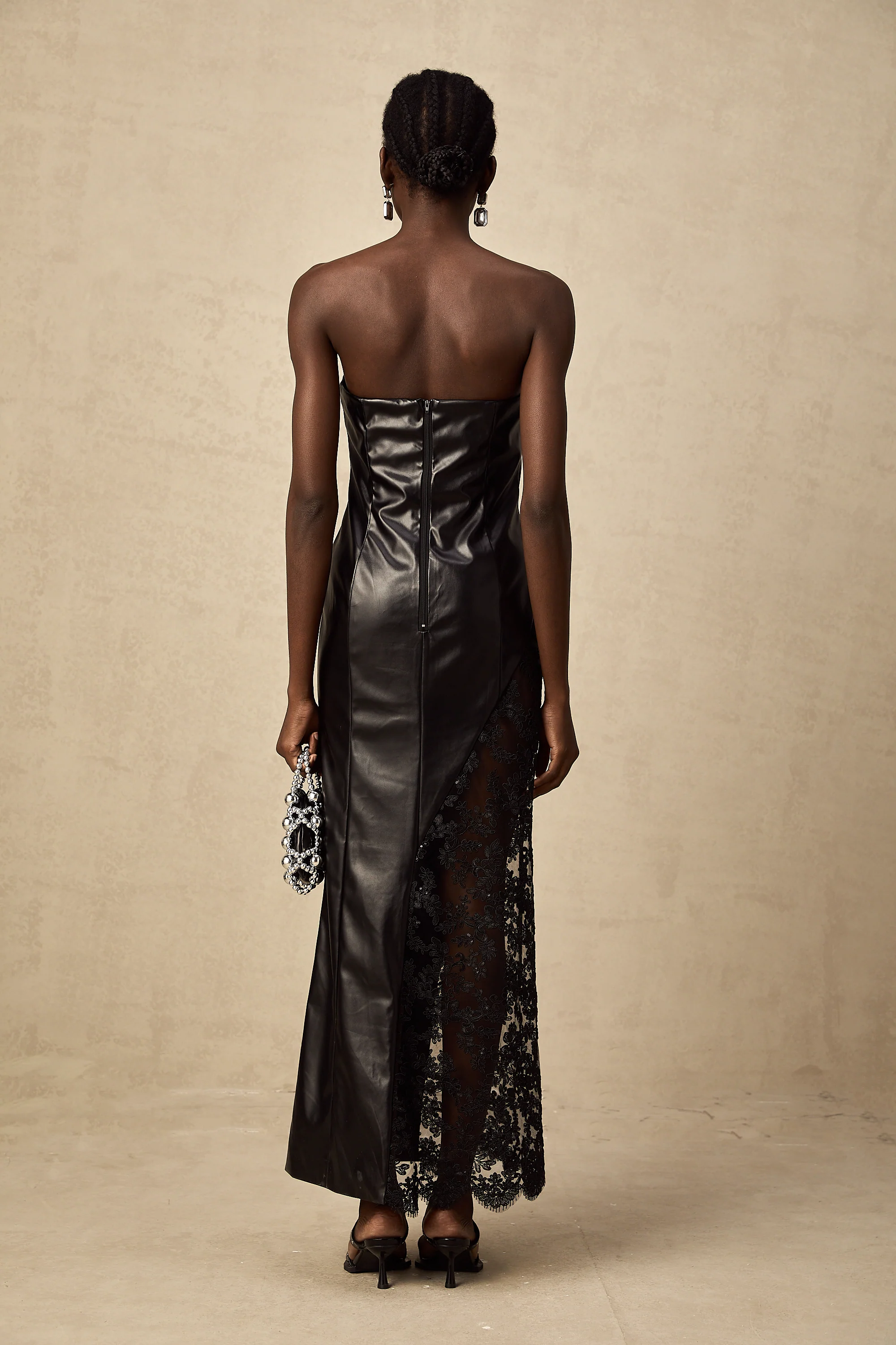 Angélique black lace-panel faux-leather maxi dress