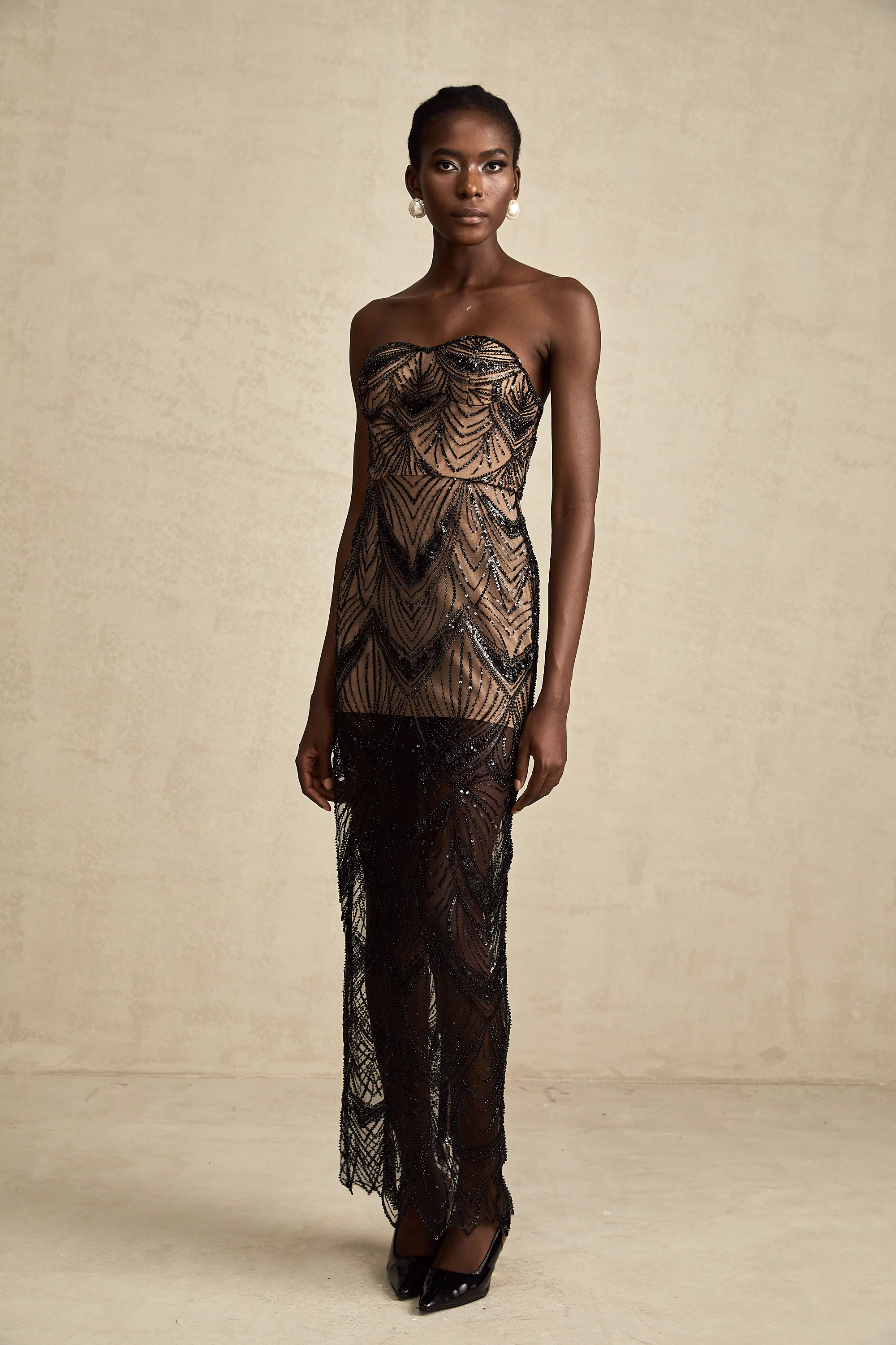 Frédérique black sequinned corset mesh maxi dress