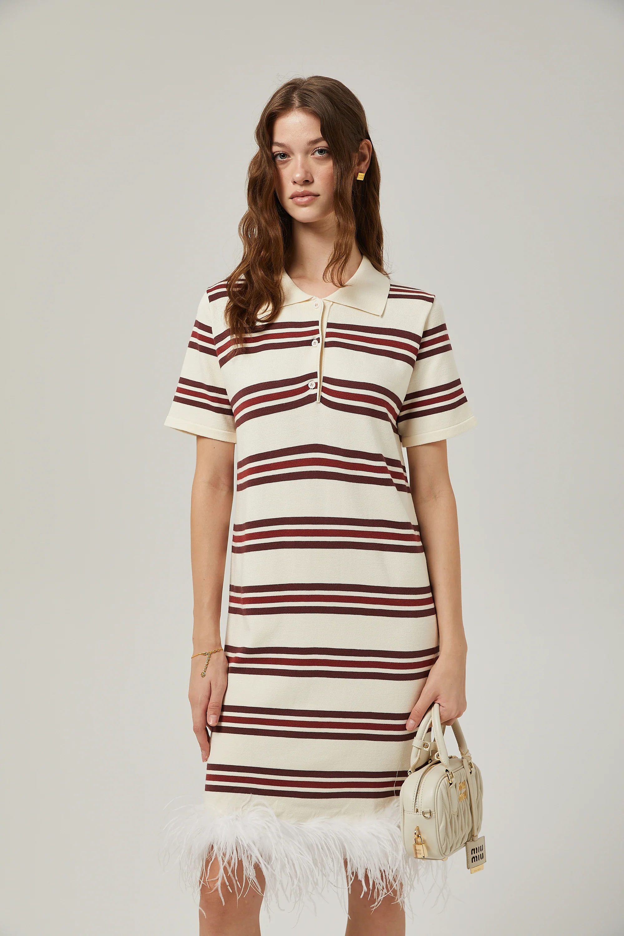 Charlotte stripe-print feather trim midi dress