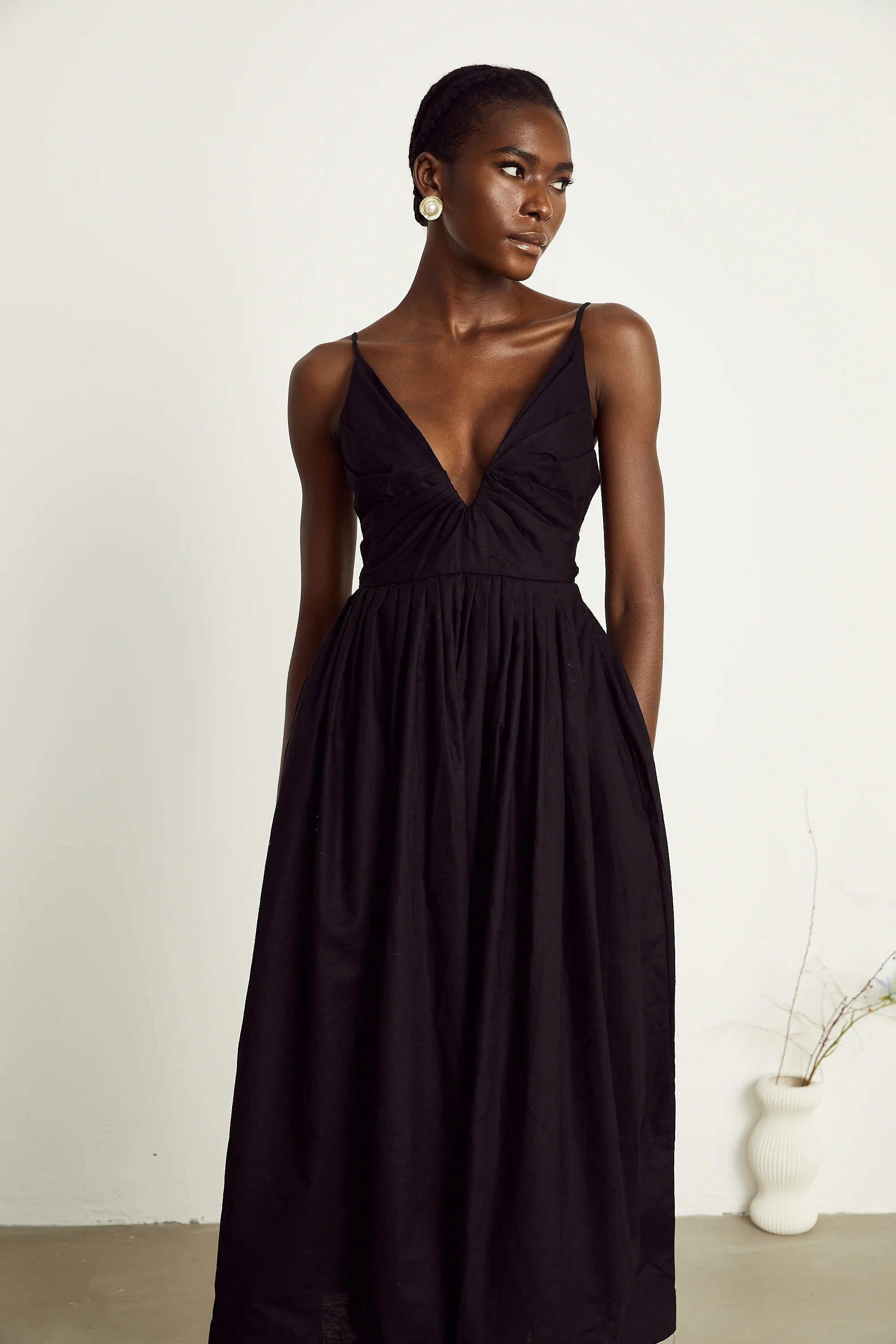 Manon black smocking pleated midi dress