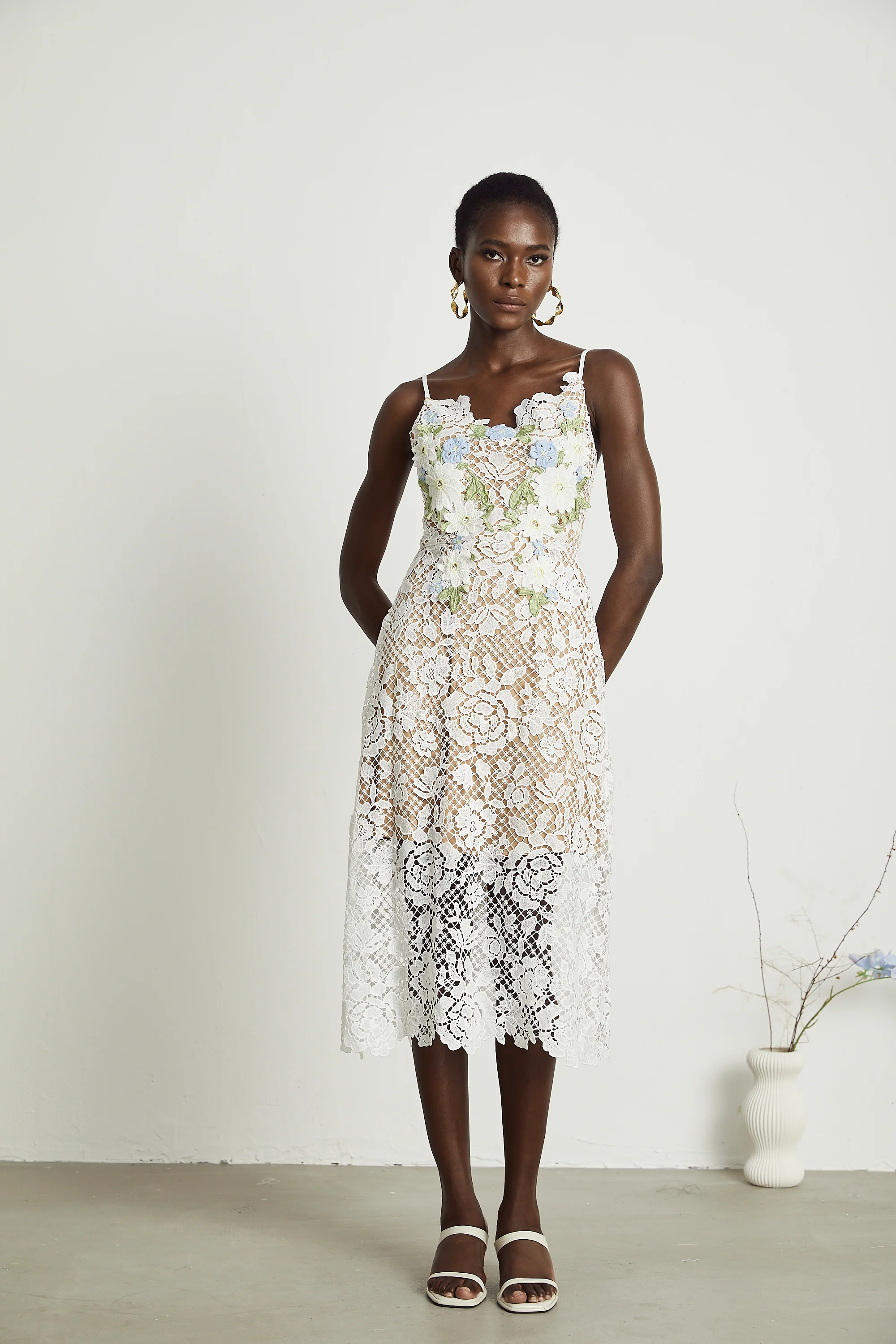 Hermine faux-floral embellished semi-sheer midi dress