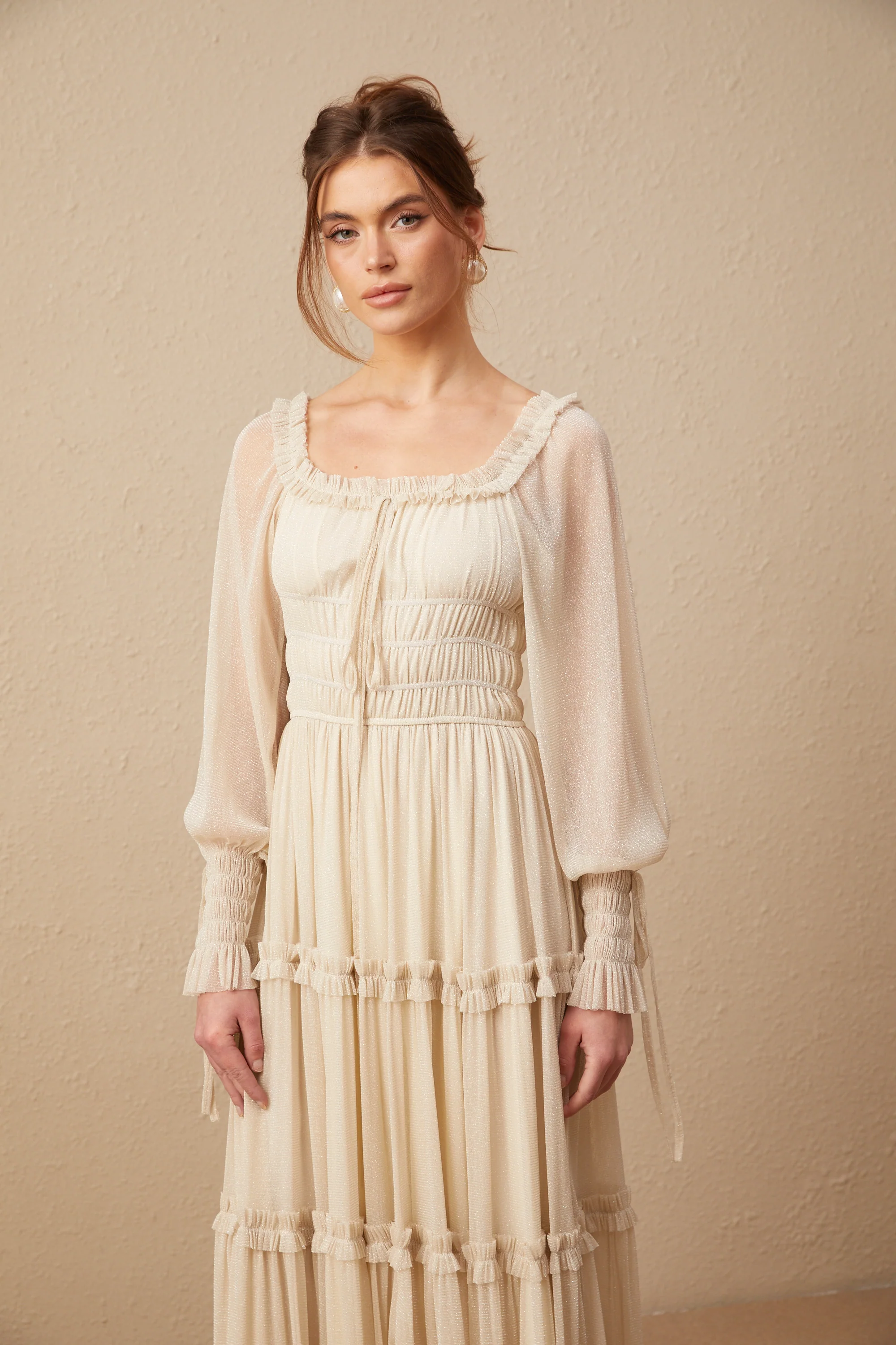 Camille pleated shirred metallic midi dress