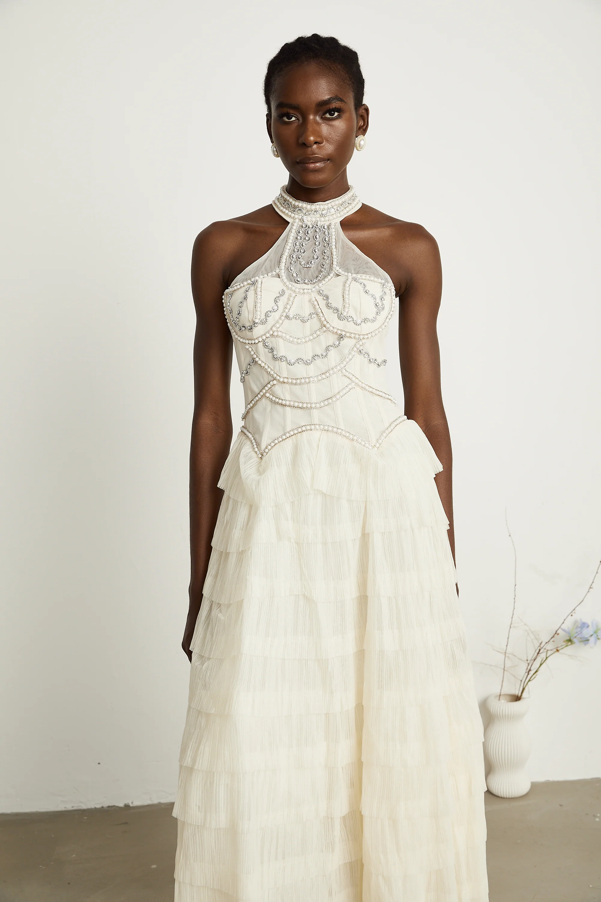 Paula beaded tiered tulle maxi dress
