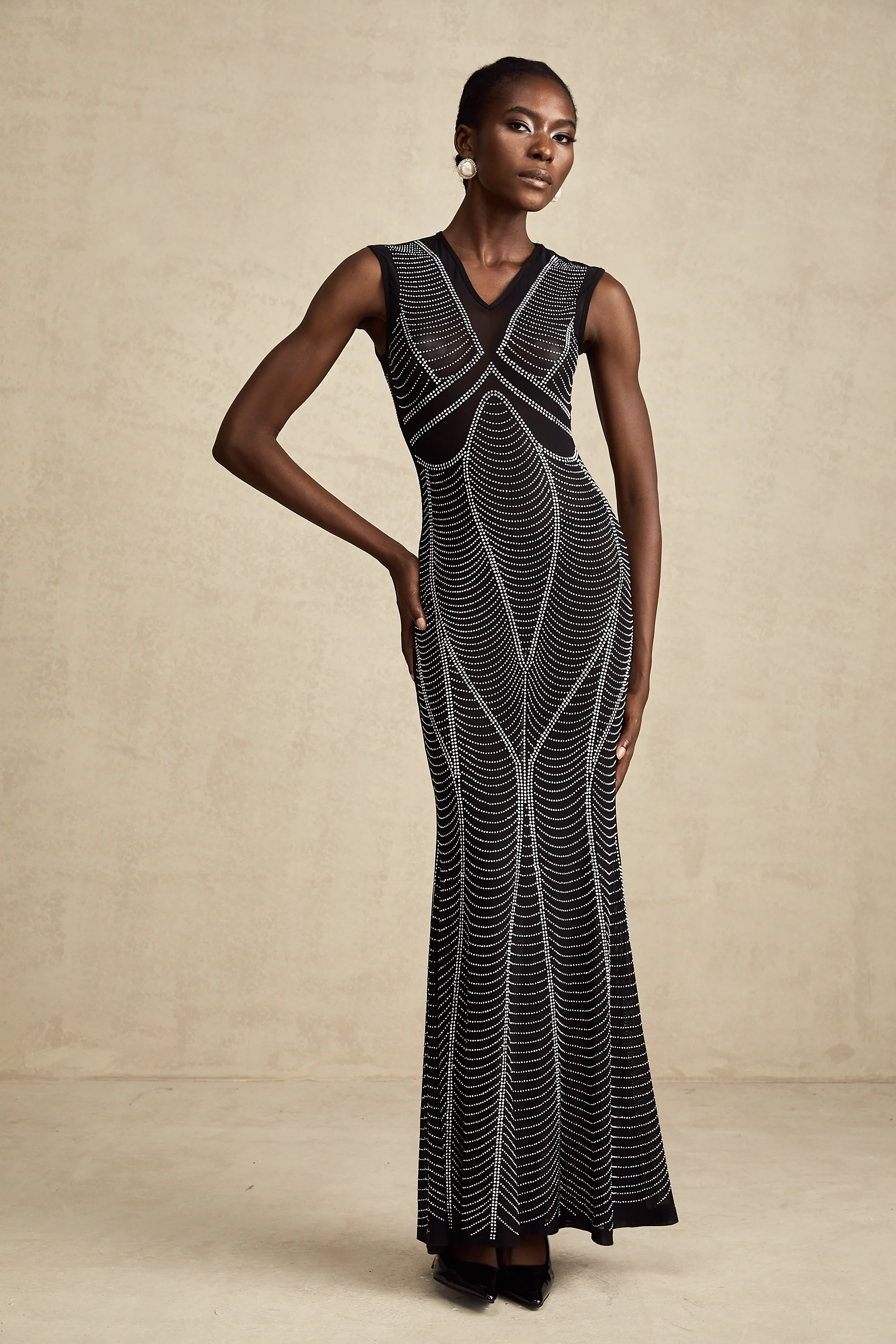 Liane black crystal-embellished semi-sheer maxi dress