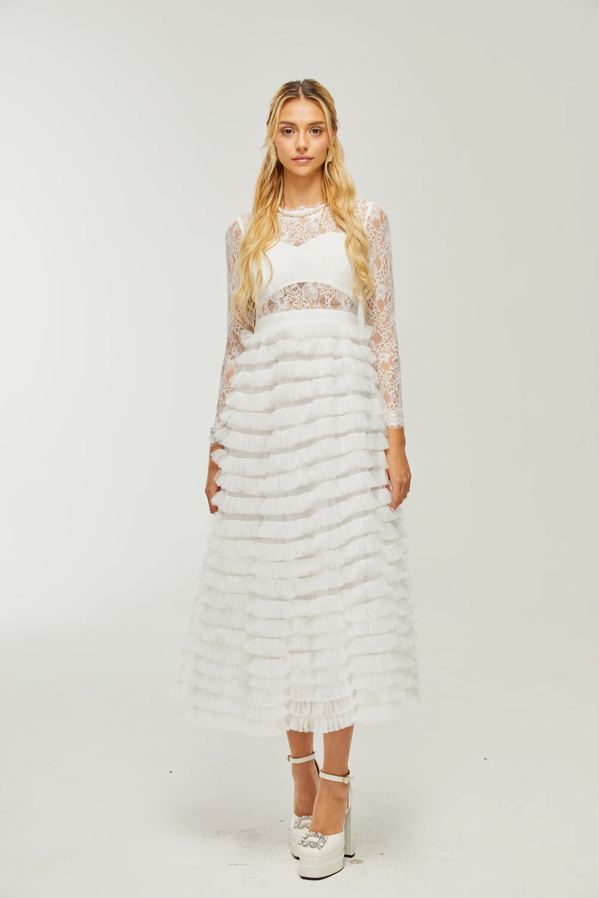 Philippine lace layered high-waisted midi dress