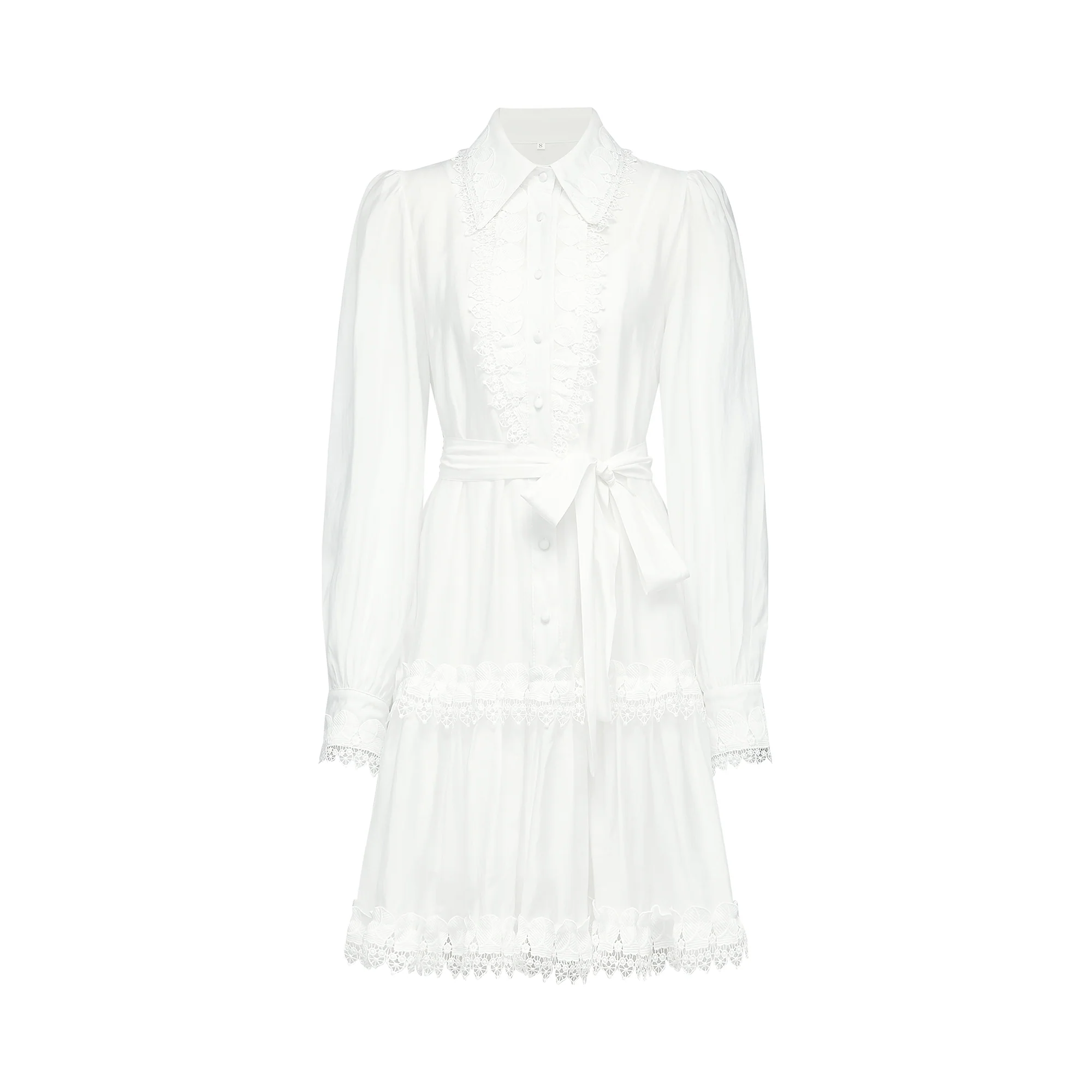 Mélisande white lace-trim belted mini dress
