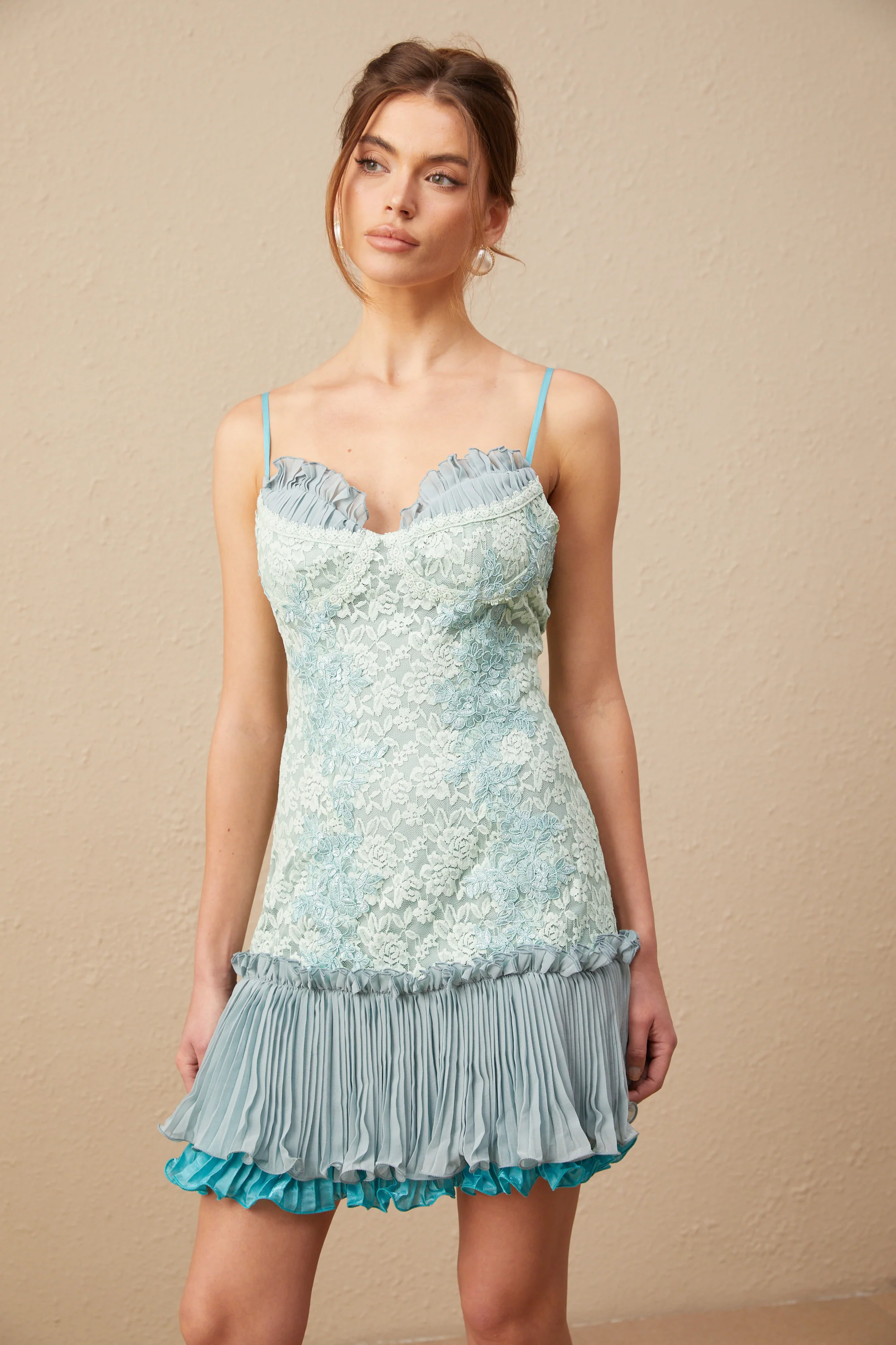 Gabrielle lace-embroidery pleated mini dress