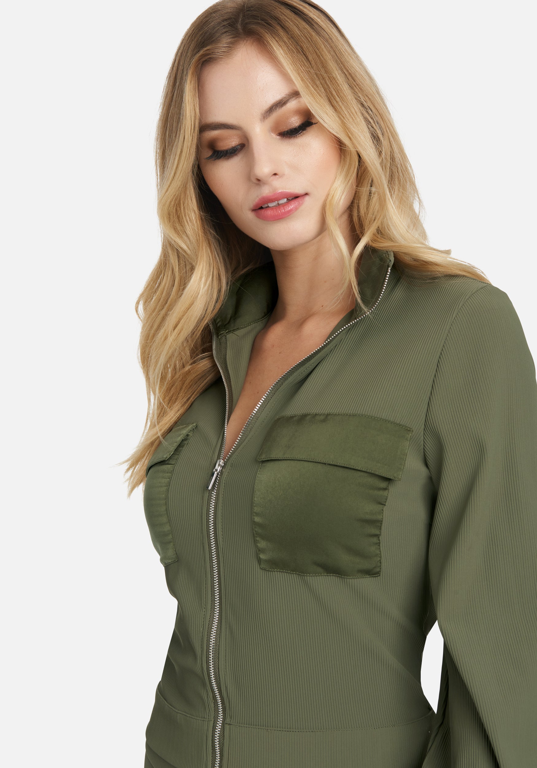 Ottoman Rib Contrast Pocket & Collar Zip Front Jacket