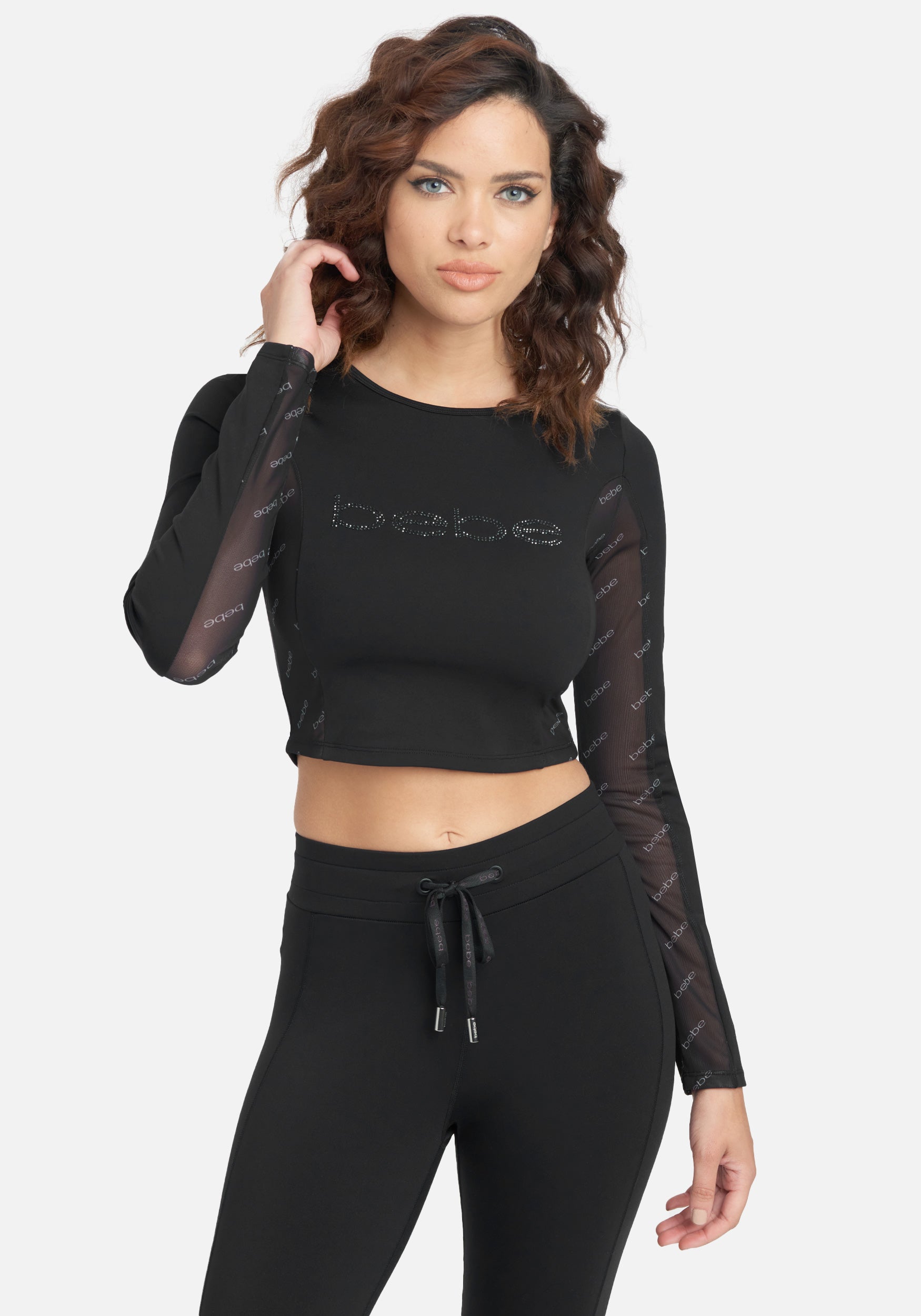 Bebe Logo Knit With Mesh Sleeve Top
