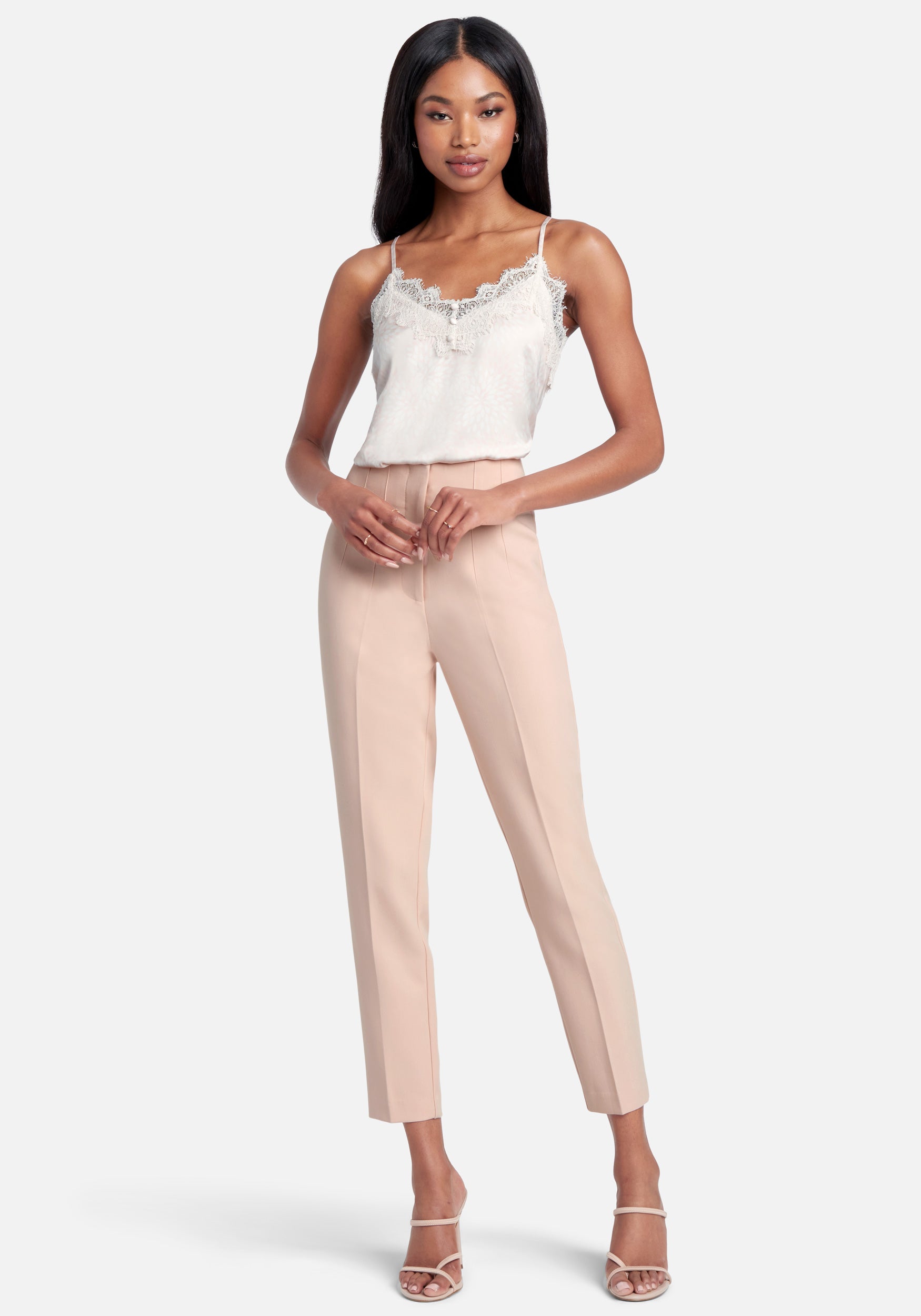 High Waist Multi Dart Woven Twill Slim Leg Pant