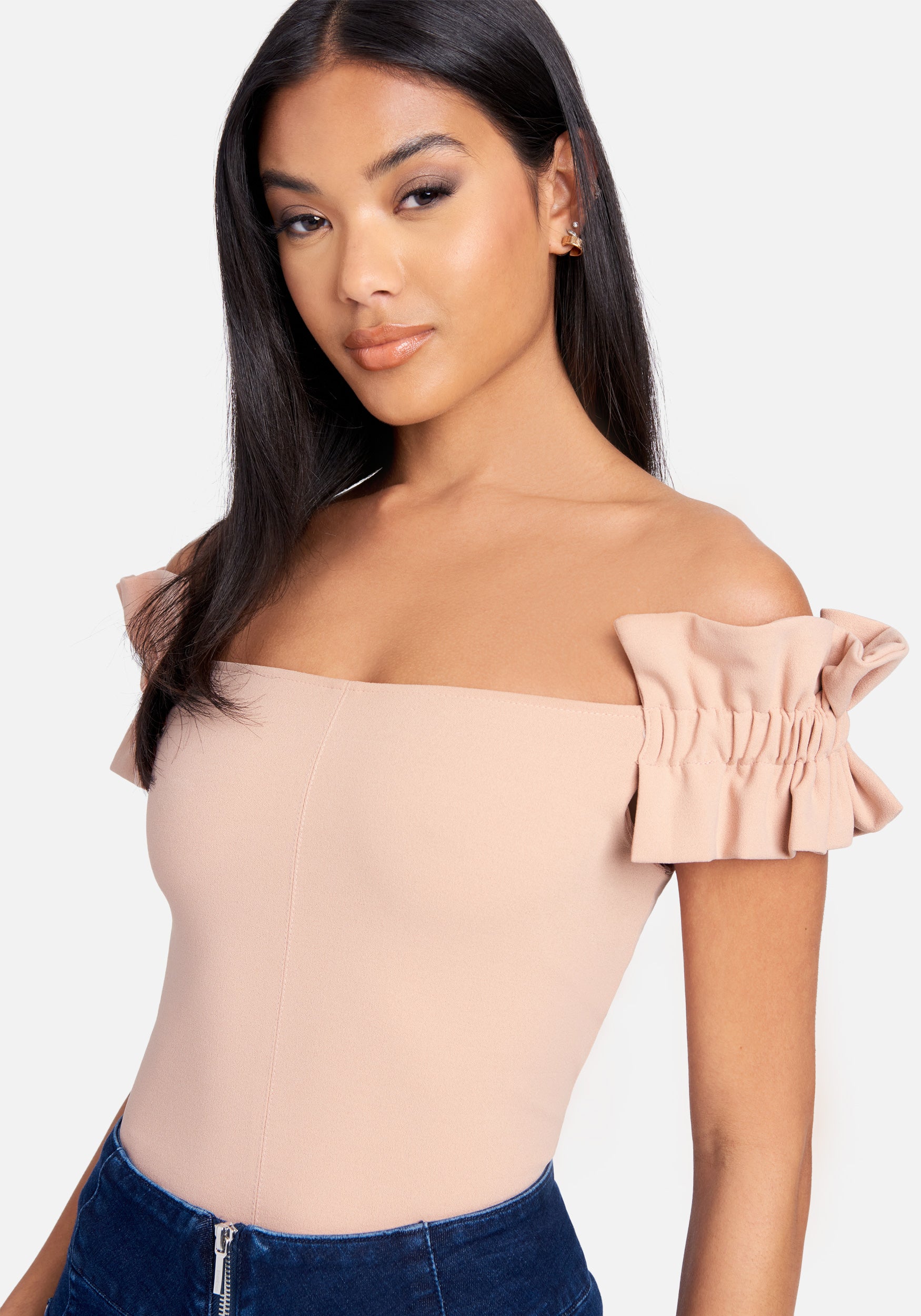 Knit Crepe Off Shoulder Ruffle Top