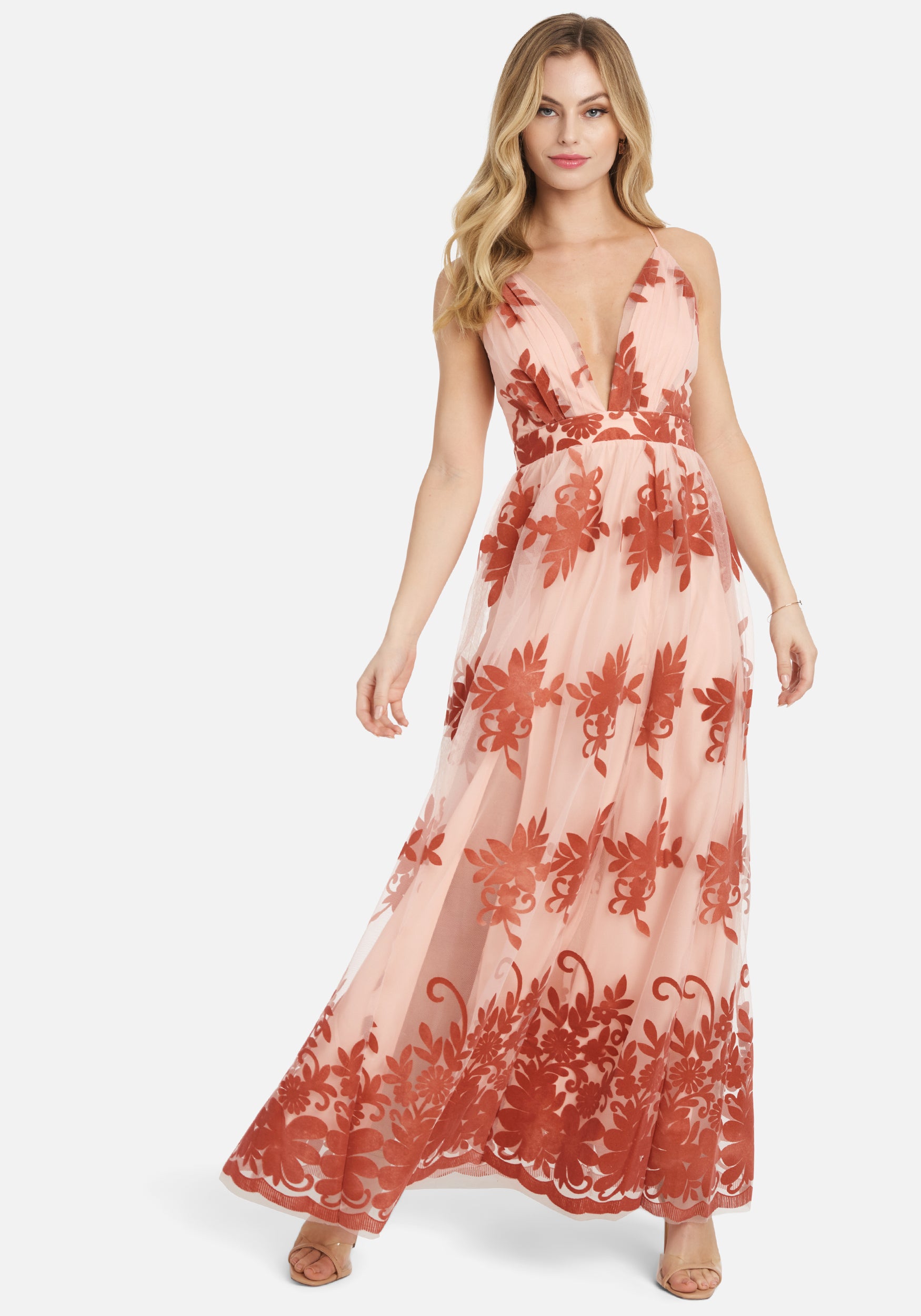 Plunge Neck Embroidered Maxi