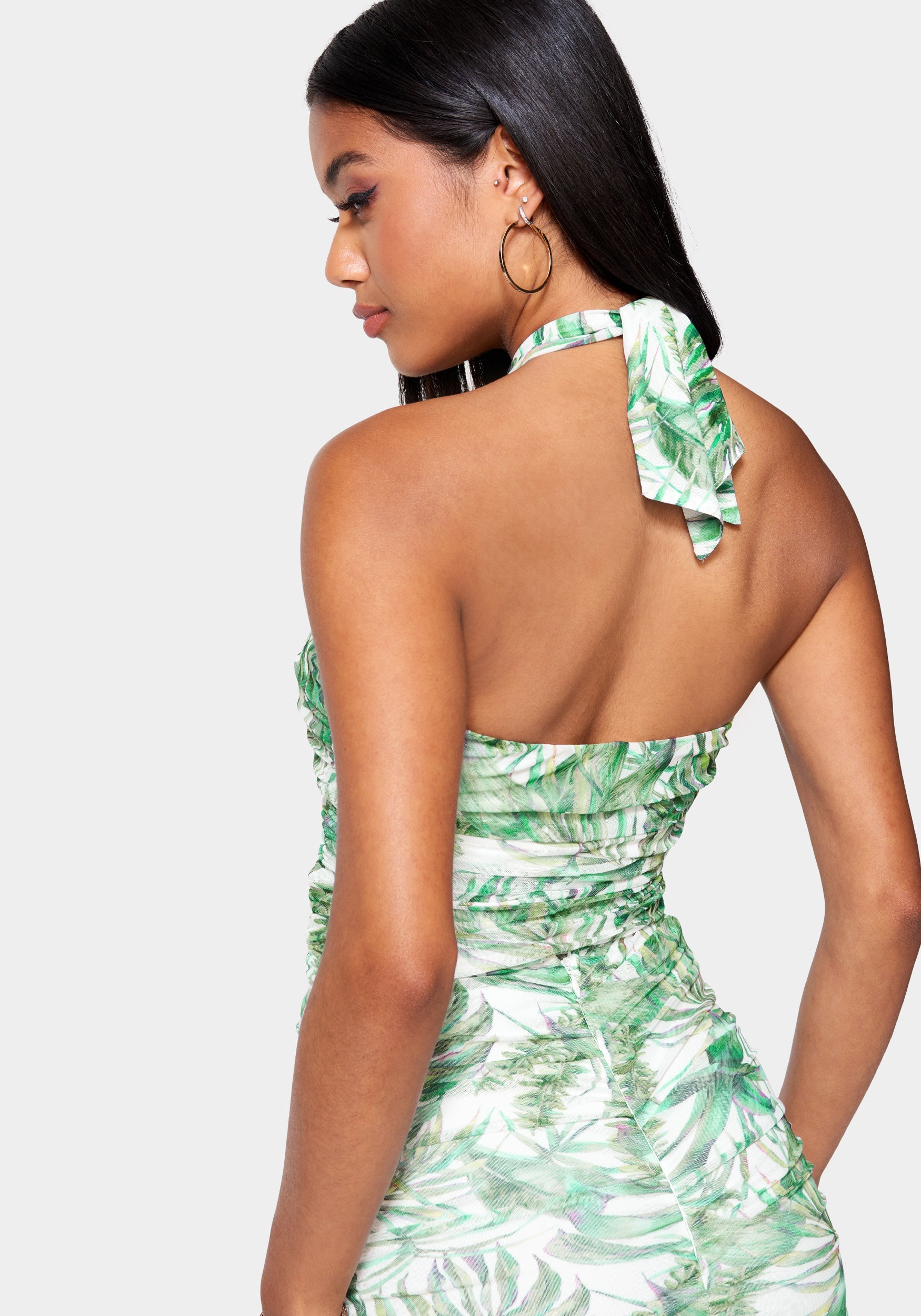 Printed Mesh Ruched Knit Top