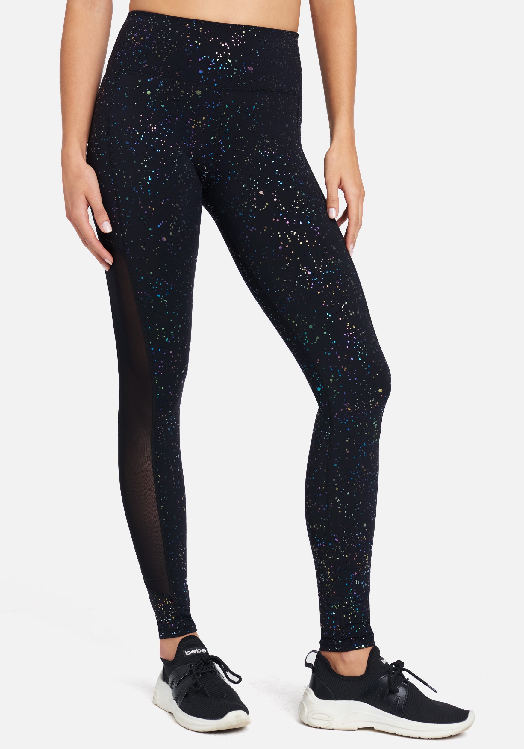 Bebe Logo Multi Color Foil Print Side Mesh Insert Legging