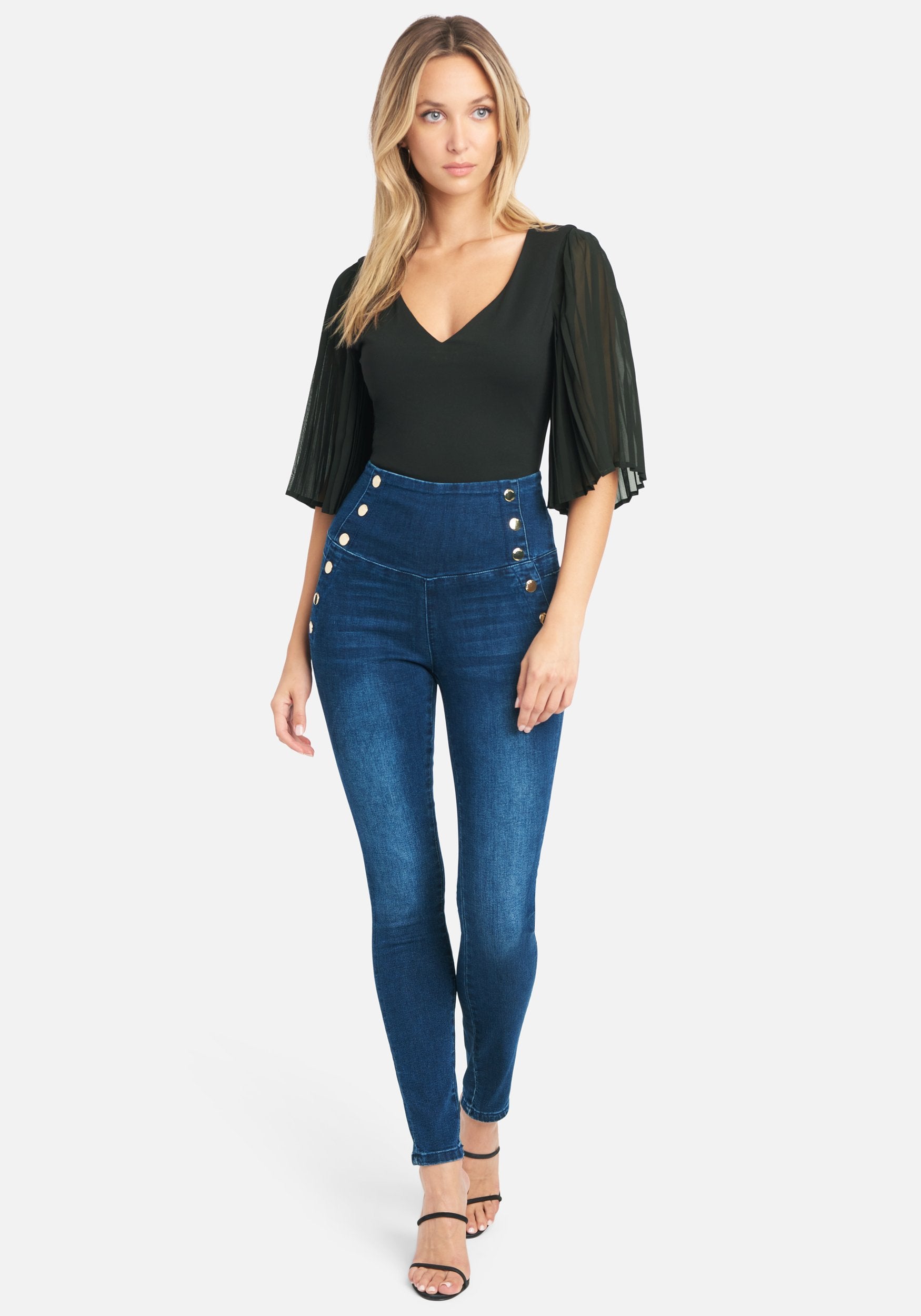 High Waisted Button Detail Skinny Jeans